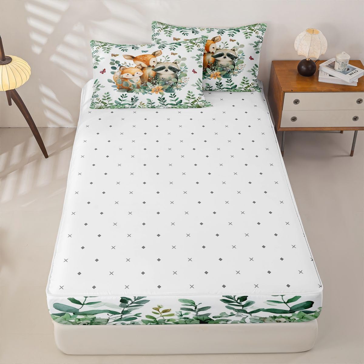 Erosebridal Cartoon Animals Zippable Comforter Fox Raccoon Wildlife Twin Bedding Green Leaves Botanical Zipper Bed Set with Sheets Cute Jungle Wild Animal Bed in a Bag Bedroom Decor