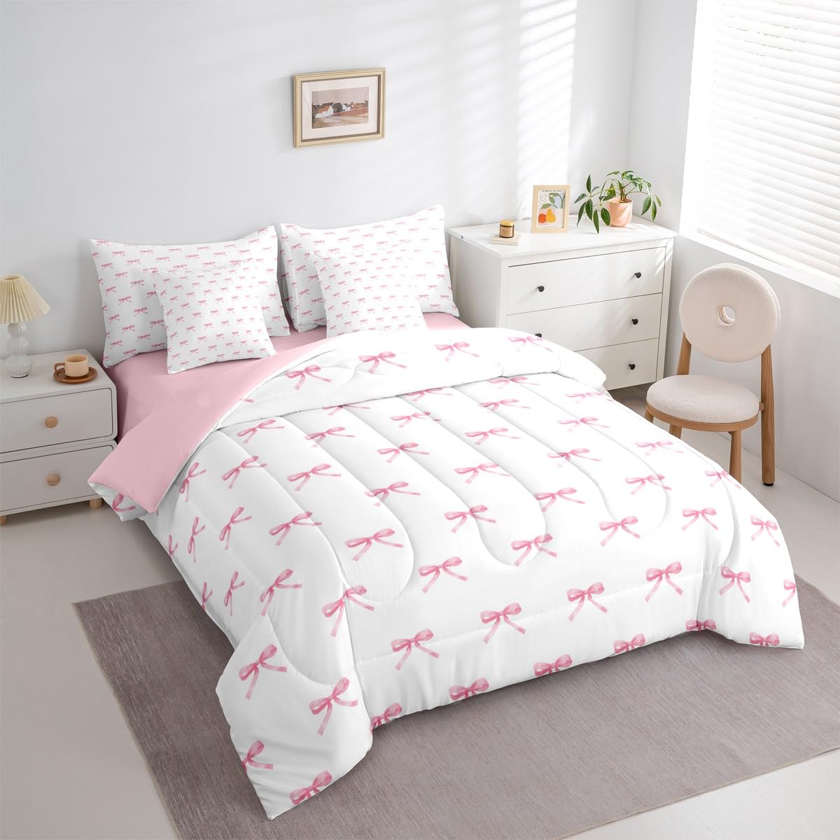 Erosebridal 7 Pieces Pink Bow Comforter King,Kids Cartoon Bowknot Butterfly Knot Princess Bedding Set for Girls,Dreamy Watercolor Ribbons Bow Tie Sheets with Pillowcases + Pillow Covers,Pink White