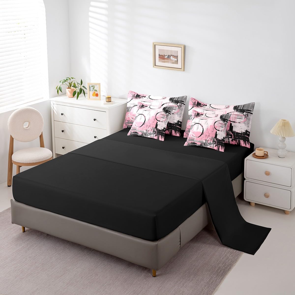Feelyou Geometric 7 Piece Bedding Set Full Size for Kids Boys Girls Teens Toddler Modern Abstract Art Comforter Set with Sheets Black Pink Bed in a Bag Tie Dye Bed Set