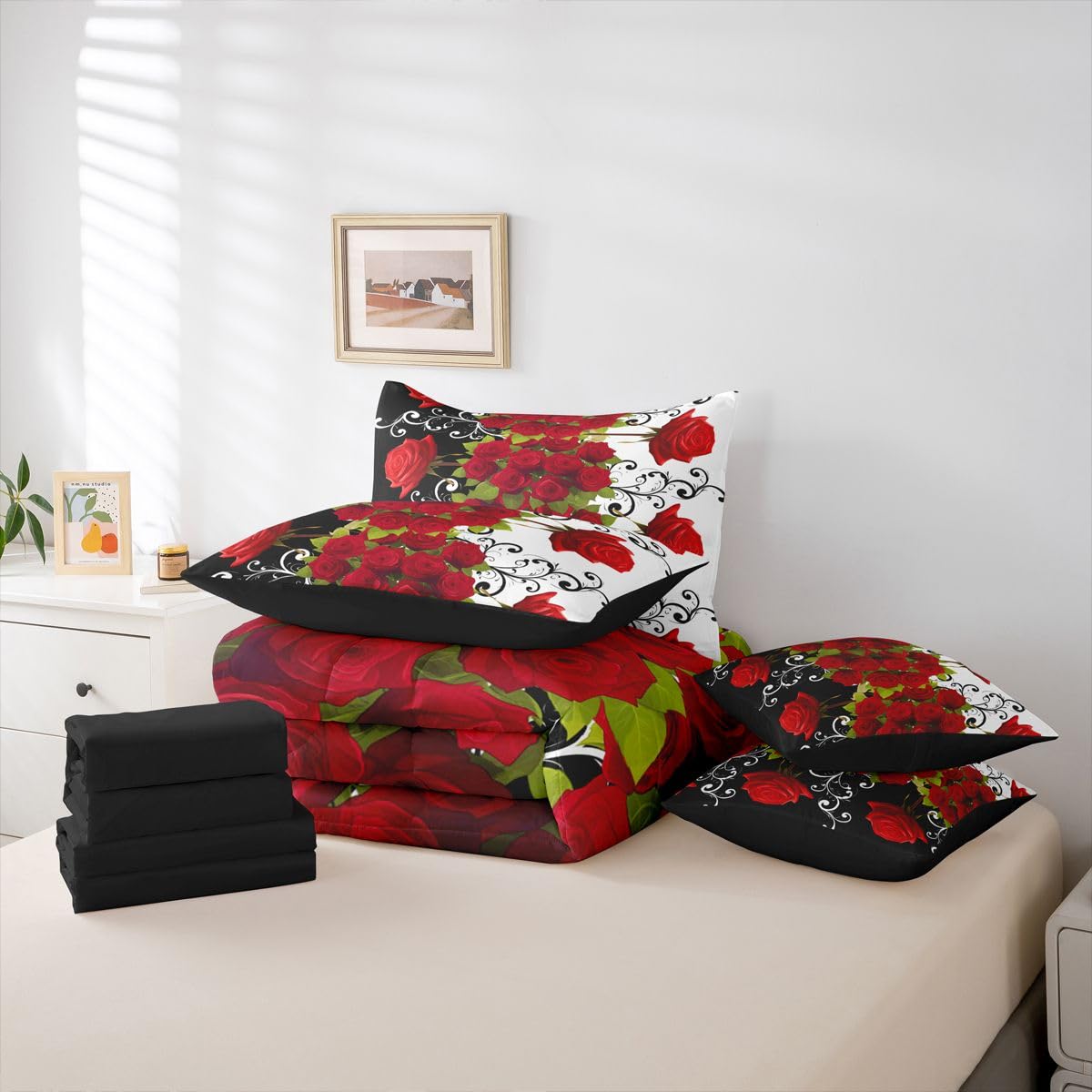Erosebridal Valentine Roses Queen Comforter Set with Sheets 7 Piece Romantic Red Florals Bed in A Bag Valentine Day Gift Bedding Sets for Women Men Adults,Stylish Aesthetic Bed Set