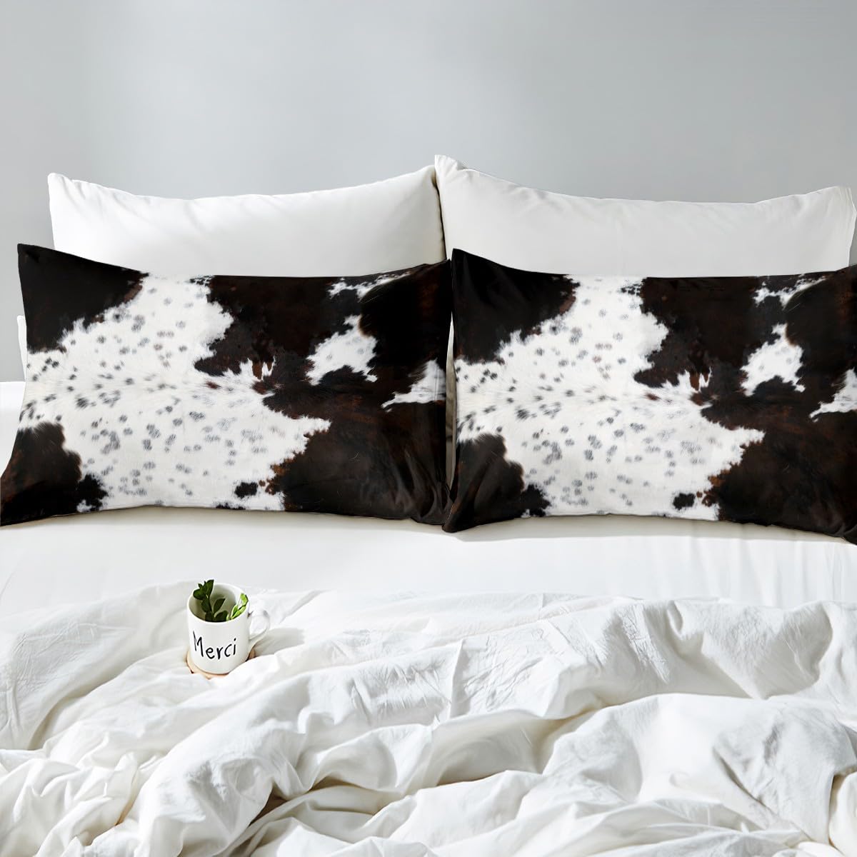 Abstract Cow Fur Print Fitted Sheet Full Size, White Brown Cowhide Print Bedding Set(No Top Sheet), Animal Skin Print Bed Cover with 2 Pillowcases, Kids Boys Girls Room Decor, Soft Polyester Bedding