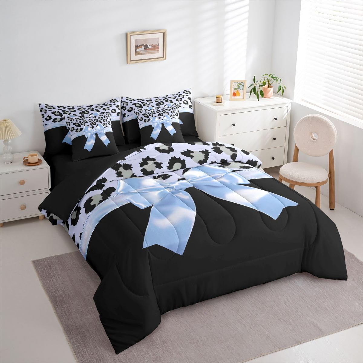 Feelyou Blue Silk Bowknot 7 Piece Bedding Set Queen Size Grey Leopard Comforter Set with Sheets for Kids Girls Women Black Blue Bed in a Bag Sweet Romantic Bed Set