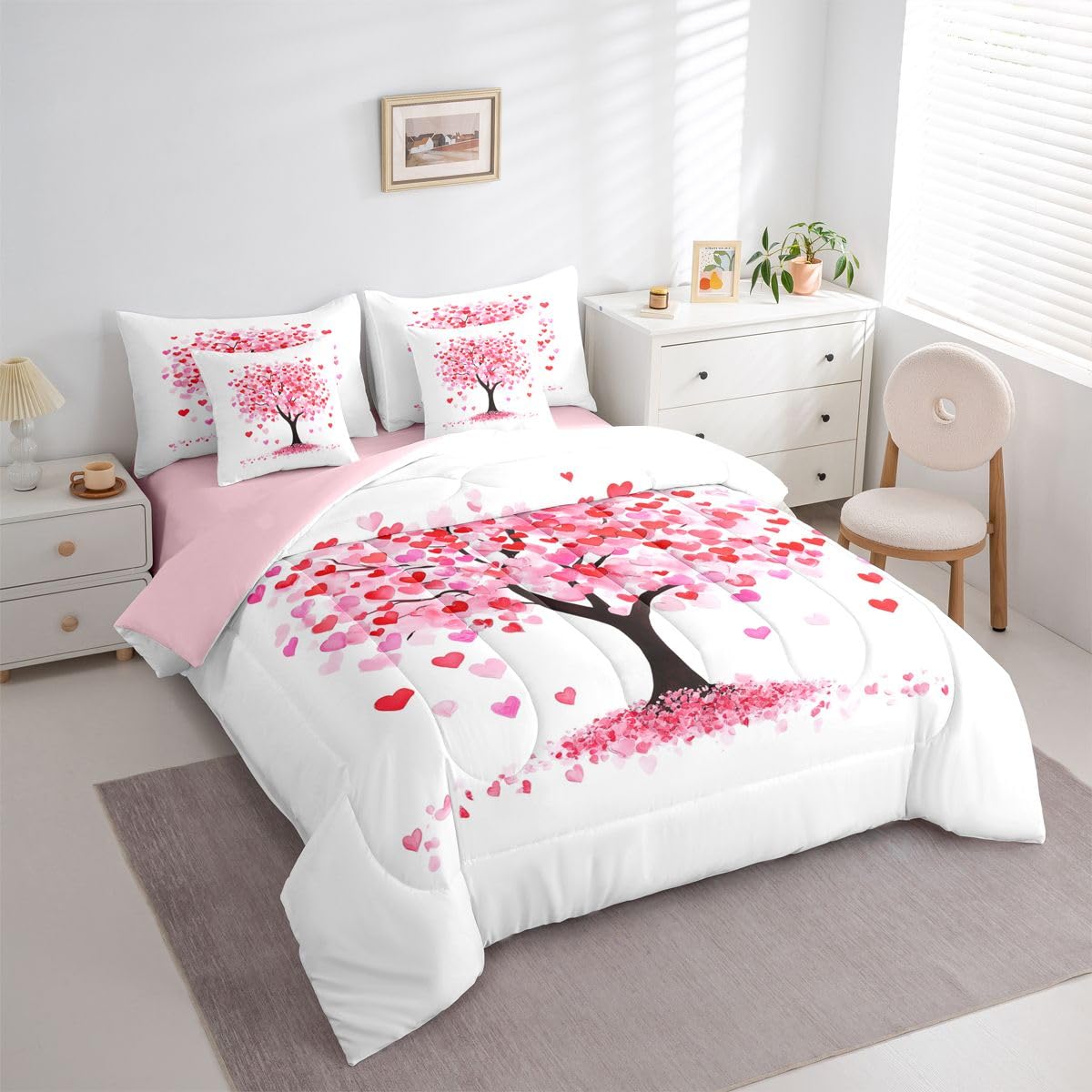 Erosebridal Pink Love Comforter Sets with Sheets - Valentine Tree with Hearts Bedding Set Full for Boys Girls Romantic Couple 7Pcs Bed in A Bag Housewarming Gifts Bed Set