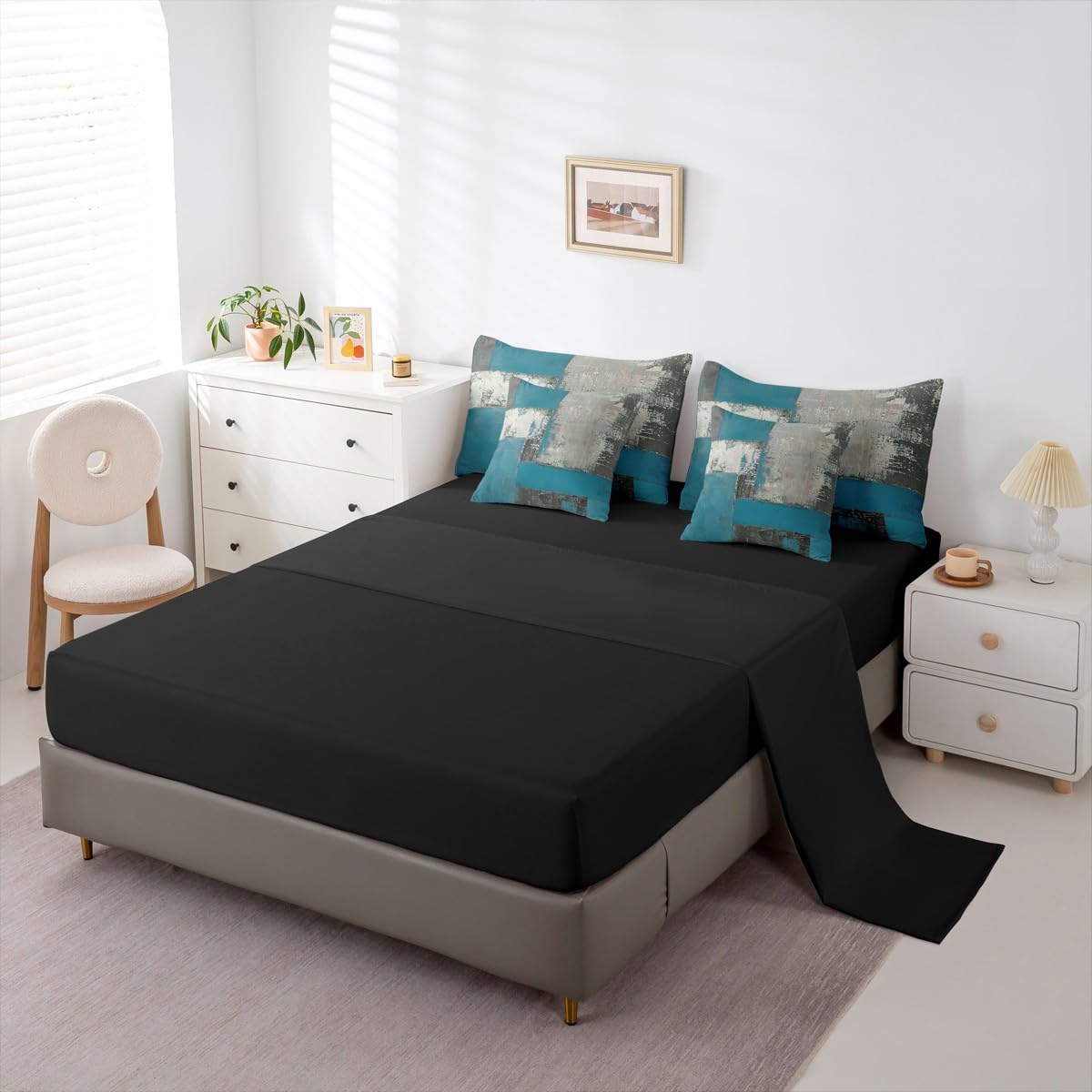 Feelyou Abstract Comforter Set with Sheets 7 Piece King Size Modern Abstract Art Bed in a Bag Kids Boys Girls Luxury Bedding Set Geometric Bedroom Decor Gray Blue Soft Lightweight Microfiber
