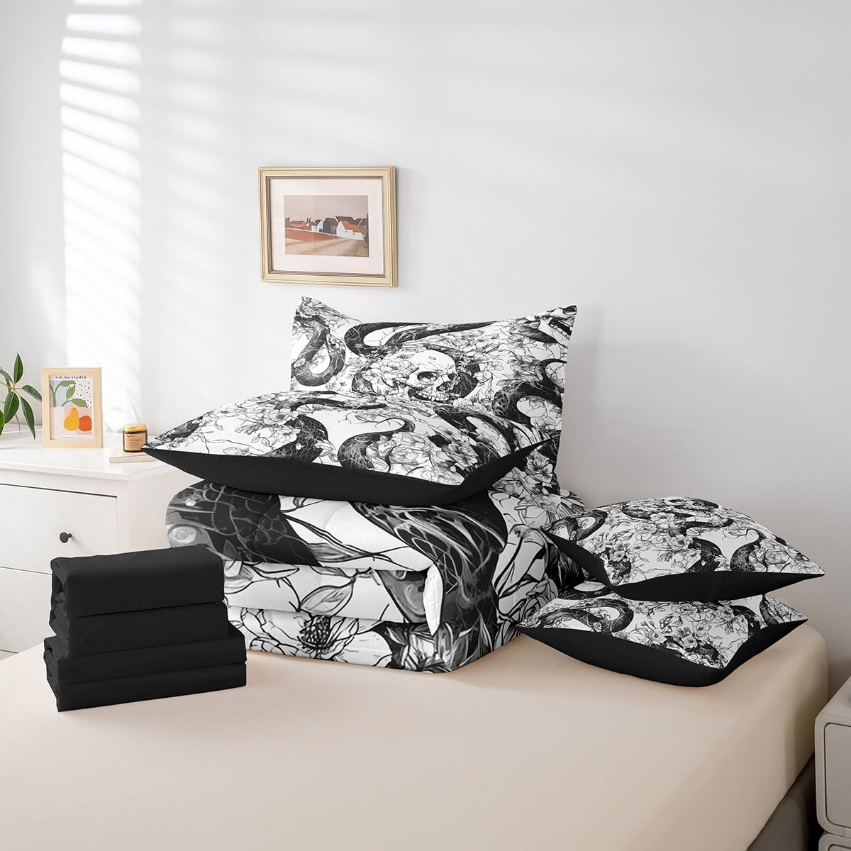 jejeloiu Kids Sugar Skull Comforter Set 7 Pieces Full Size Snake Boho Rose Bedding Set for Boys Girls Gothic Art Bed in a Bag with Comforter, Sheets, Pillowcases & Cushion Covers