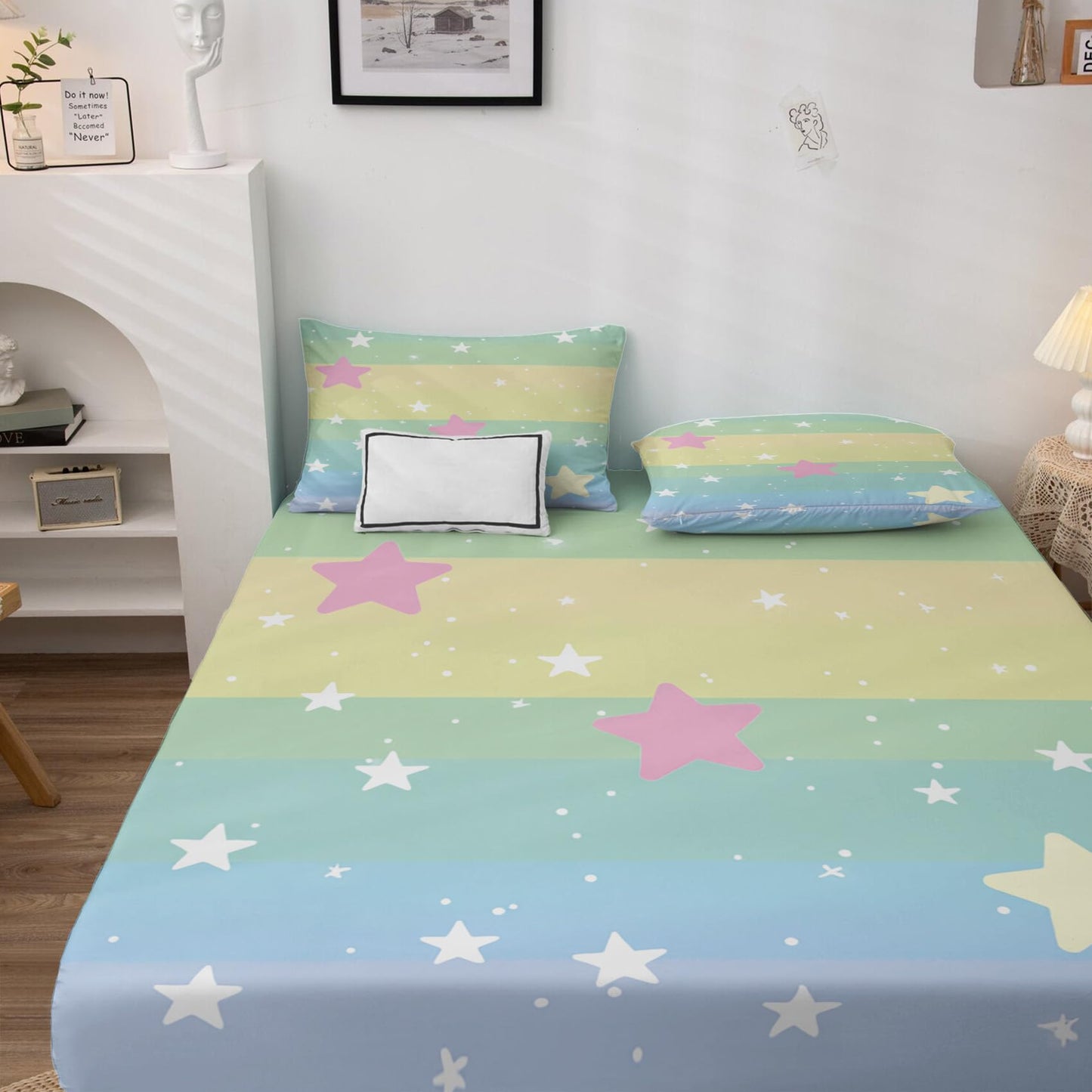 NOGAWA Star Sheets Cal King, Kids Girls Cartoon Bed Sheets, Deep Pocket & Soft Microfiber Bedding Sheets & Pillowcases 4 Piece - Fitted Sheet & Flat Sheet & 2 Pillow Cases