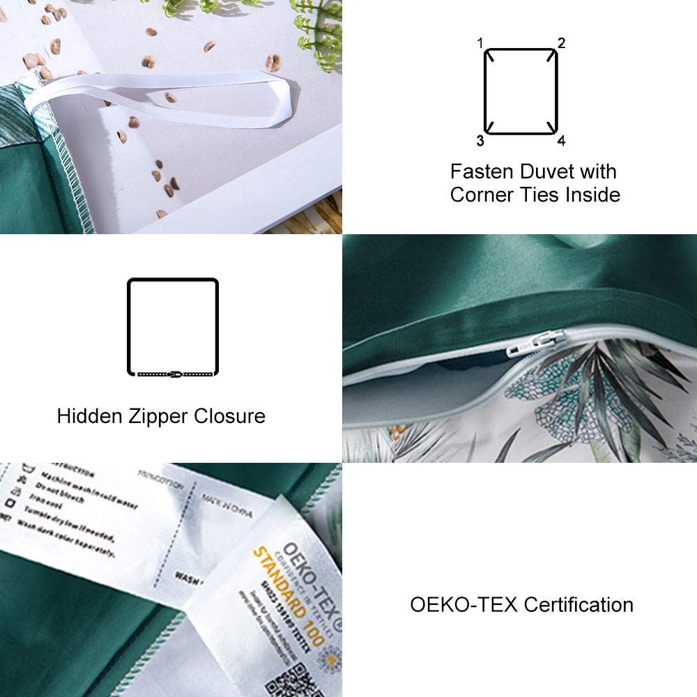 MILDLY 100% Long Staple Cotton Queen Duvet Cover Set, Green Palm Leaves Tropical Floral Comforter Cover Set
