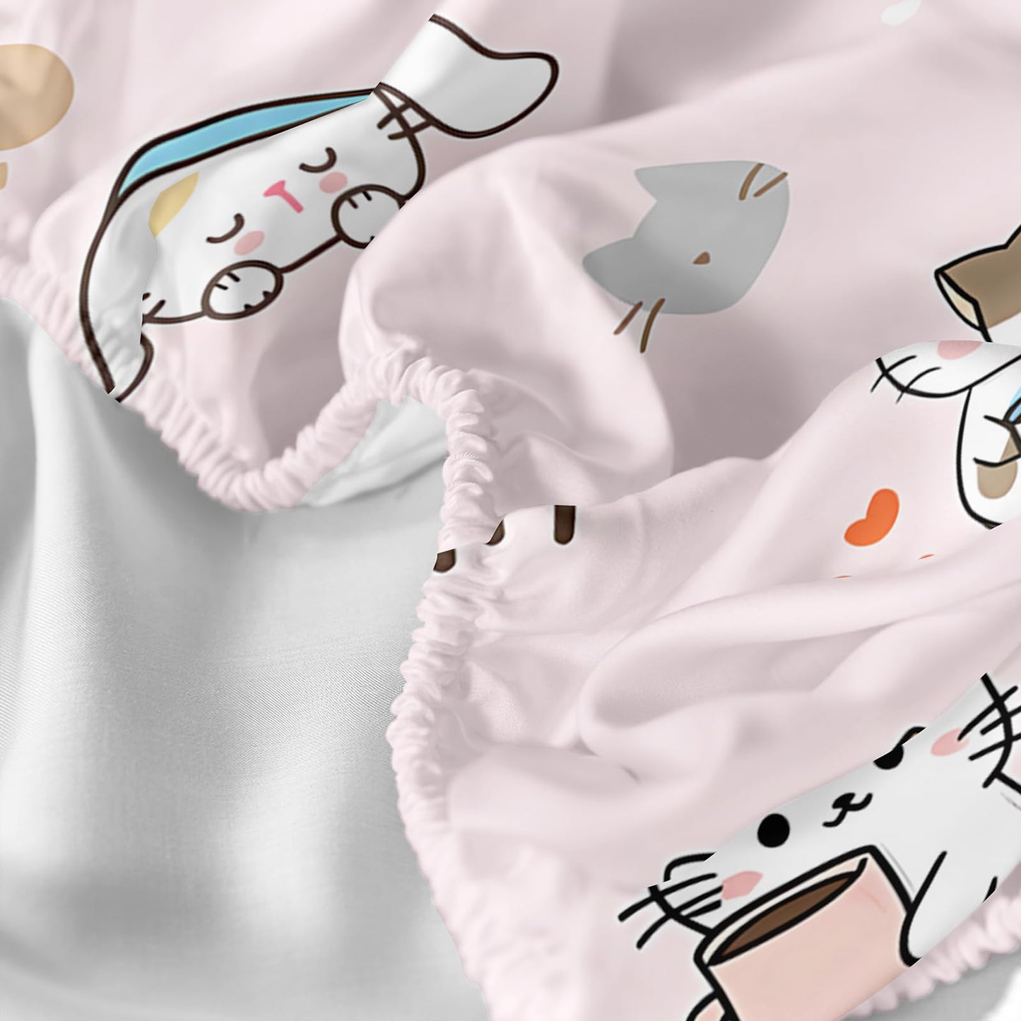 AILONEN Sticker Cat Twin Fitted Sheet Set, 3 Piece Microfiber Bedding Pack with 2 Pillowcases, 16 Inch Deep Pocket, Cute Animal Room Style