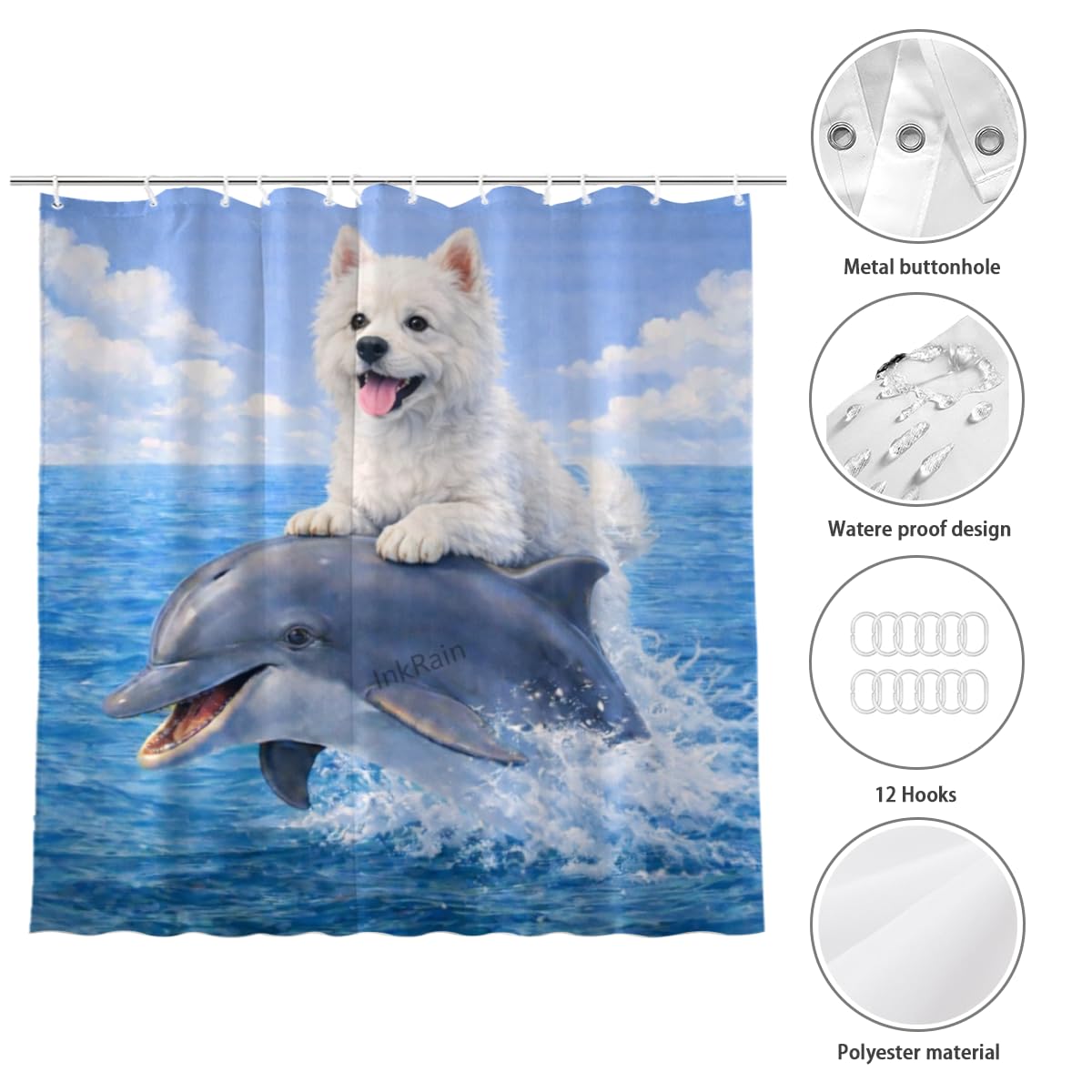 InkRain Ocean Westie-Dog Shower Curtain with 12 Hooks Cute Puppy Riding Dolphin Bathroom Decor Waterproof Polyester Fabric Coastal Beach Bath Curtain 72x84 Inch
