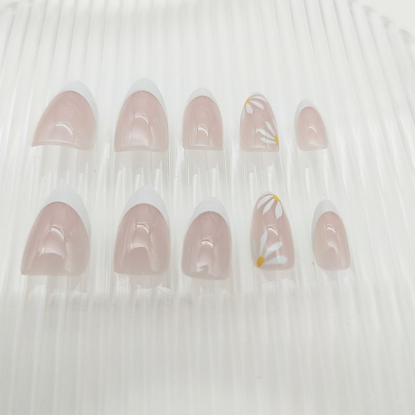 French Tip Press on Nails Short Almond Fake Nails White Stick on Nail with Simple Flower Design Glossy Glue on Nail Women Summer Manicure 24Pcs