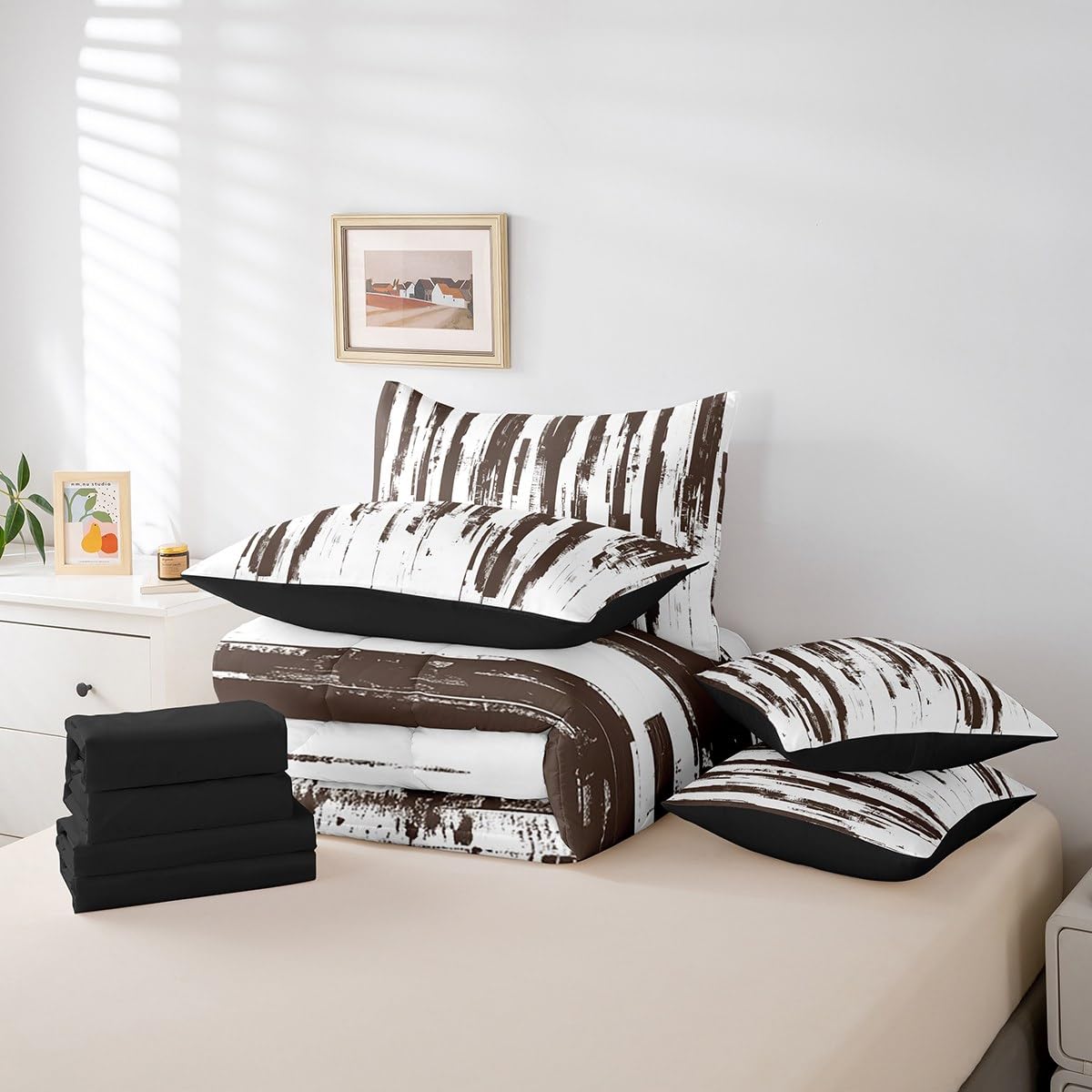 Erosebridal 7Pcs Khaki Abstract Geometric King Comforter Set for Women Men Adults,Boho Watercolor Bed in A Bag,Graffiti Ink Painting Modern Art Stripes Striped Quilt Set with Pillowcases