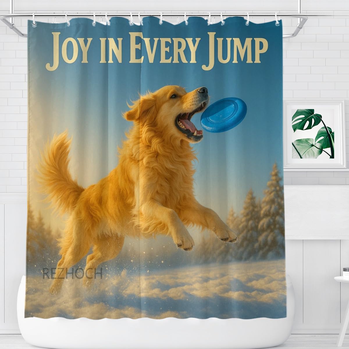 REZHOCH Golden Retriever Jump Shower Curtain Durable Waterproof Fabric Bathtub Sets Funny Animal Winter Snowy Frisbee Bathroom Home Decor Decoration 72x72inch with 12 Hooks