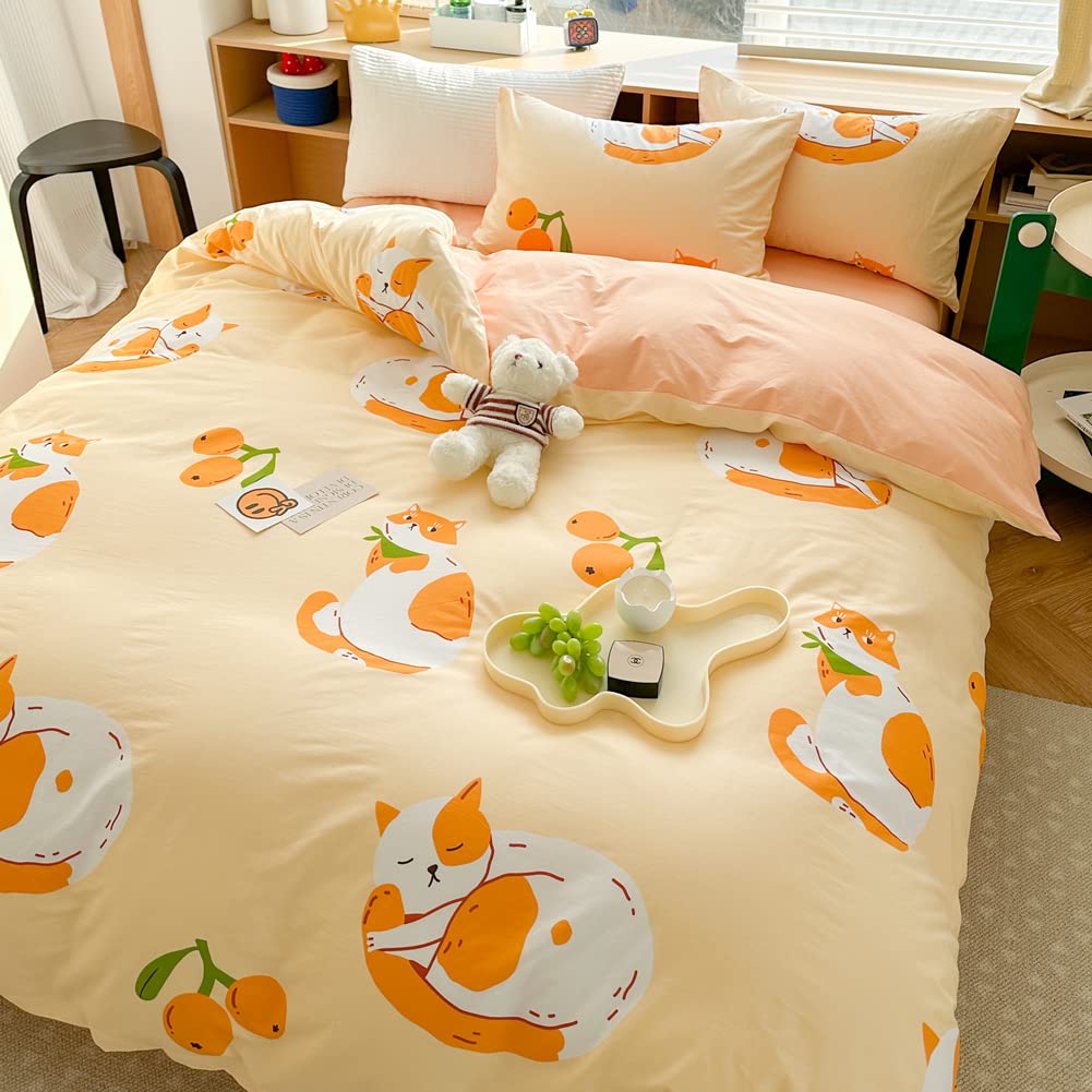 LIWHENHAO Cats Duvet Cover Set Queen 100% Cotton Bedding Cartoon Cute Cat on Orange 1 Kawaii Animal Comforter Cover Full Zipper Closure 2 Pillowcases for Kids Girls Boys Woman