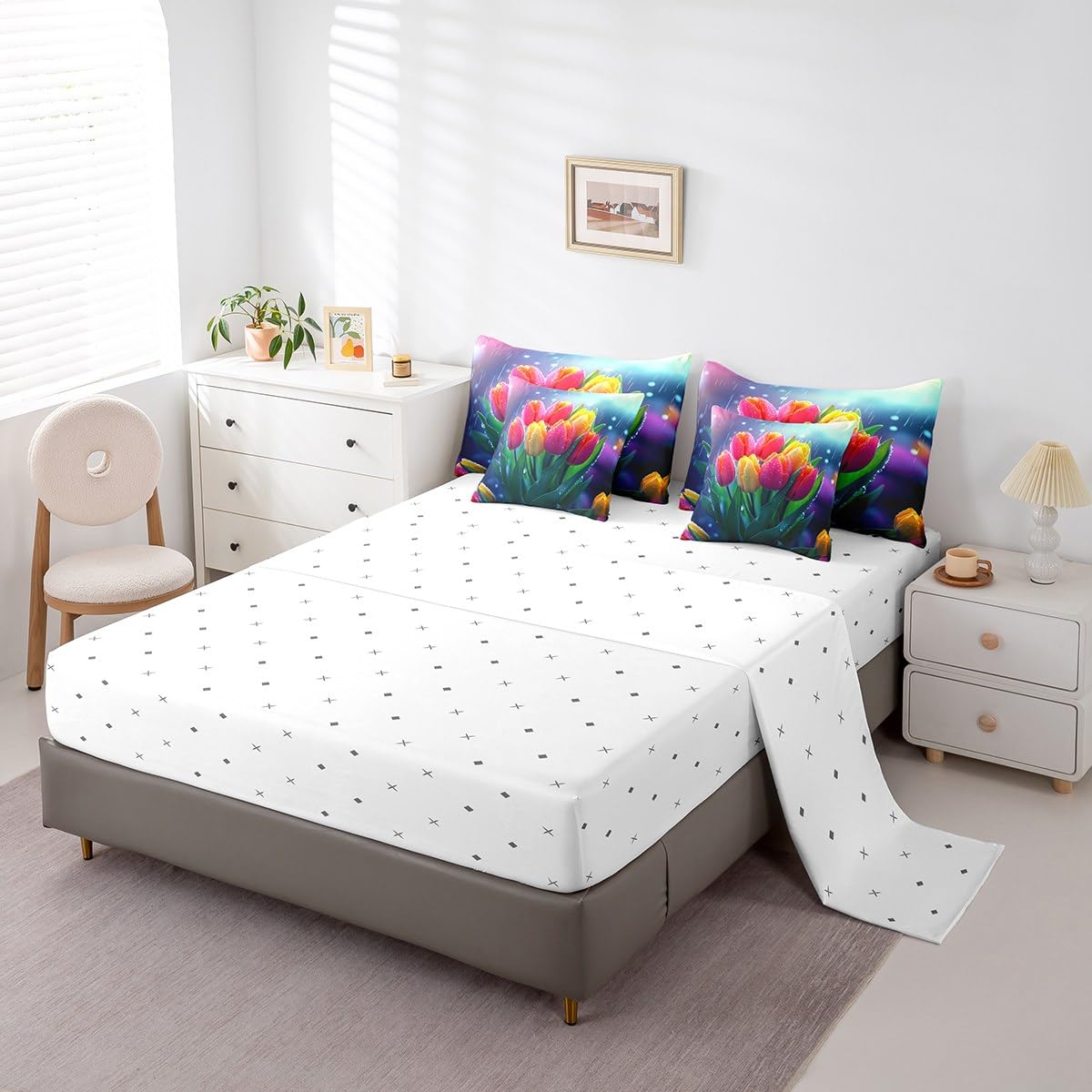 Erosebridal Tulips Bedding Set Spring Summer Flowers King Comforter Set 7 Piece for Kids Girls Teen Women,Rainy Floral Pink Yellow Tulips Bed in A Bag Pastel Plants Sheet Set with Comforter
