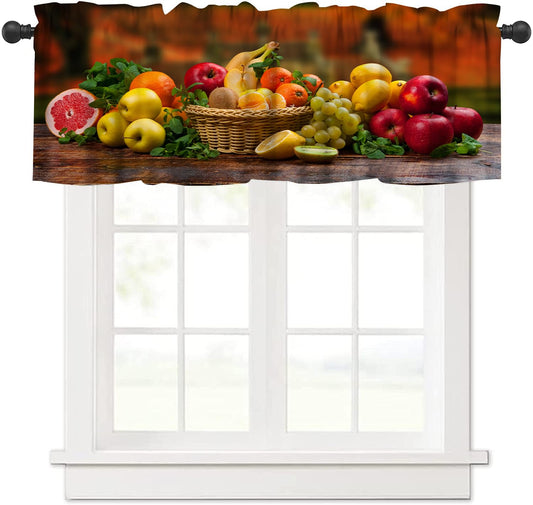 AAVEUP Vegetable Fruit Valance Curtains for Kitchen,Vintage Rustic Planks Fresh Bananas Apples Organic Rod Pocket Window Valances Short Panel Blackout Treatment Drapes for Bathroom Bedroom 54x 18 in