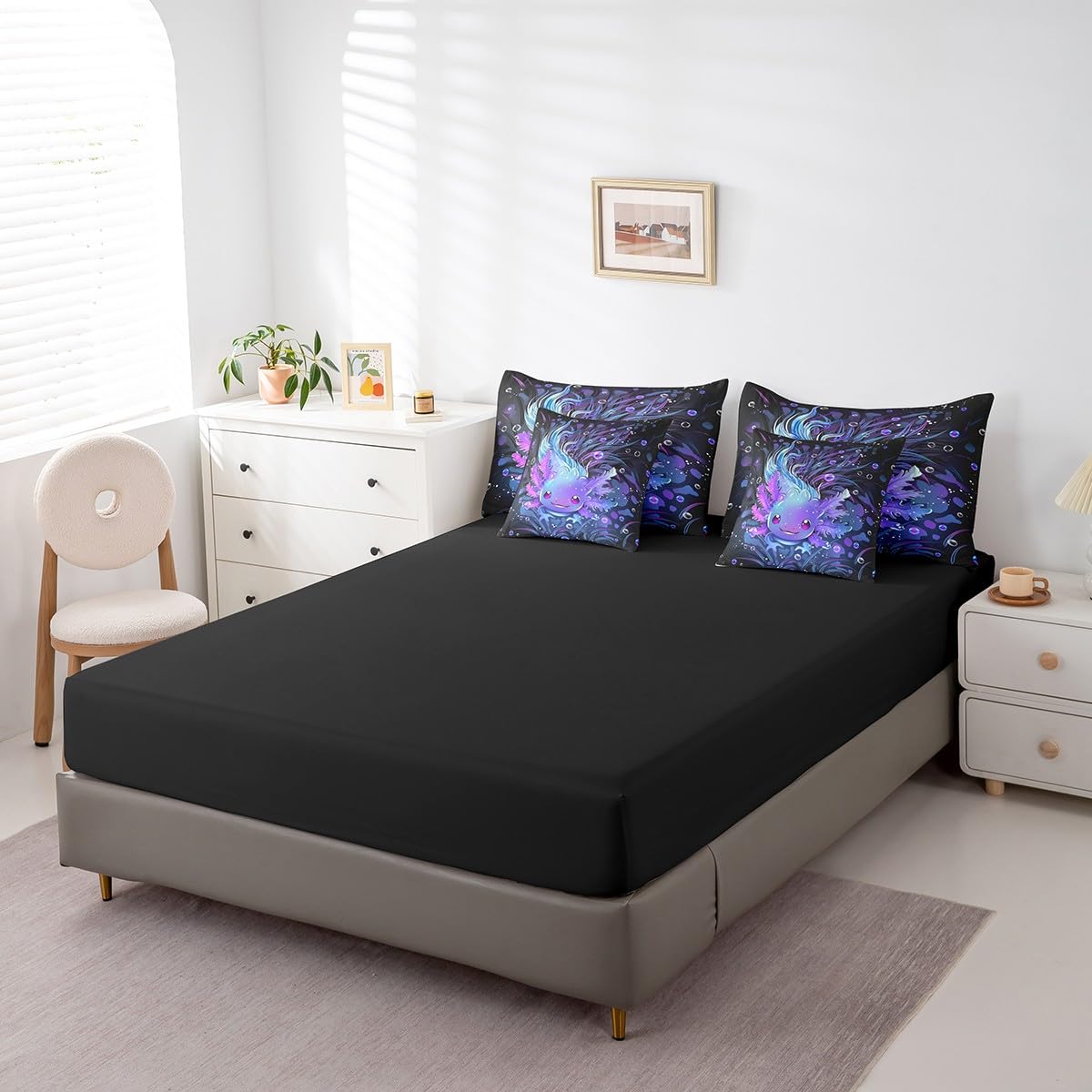 Feelyou Cute Axolotl Bed Set Boys Girls Queen Size Salamander 7 Pieces Bedding Set, for Women Men Ultra Soft Reptile Animal Bed in a Bag with Comforter, Sheets, Pillowcases Ocean Sealife Room Decor