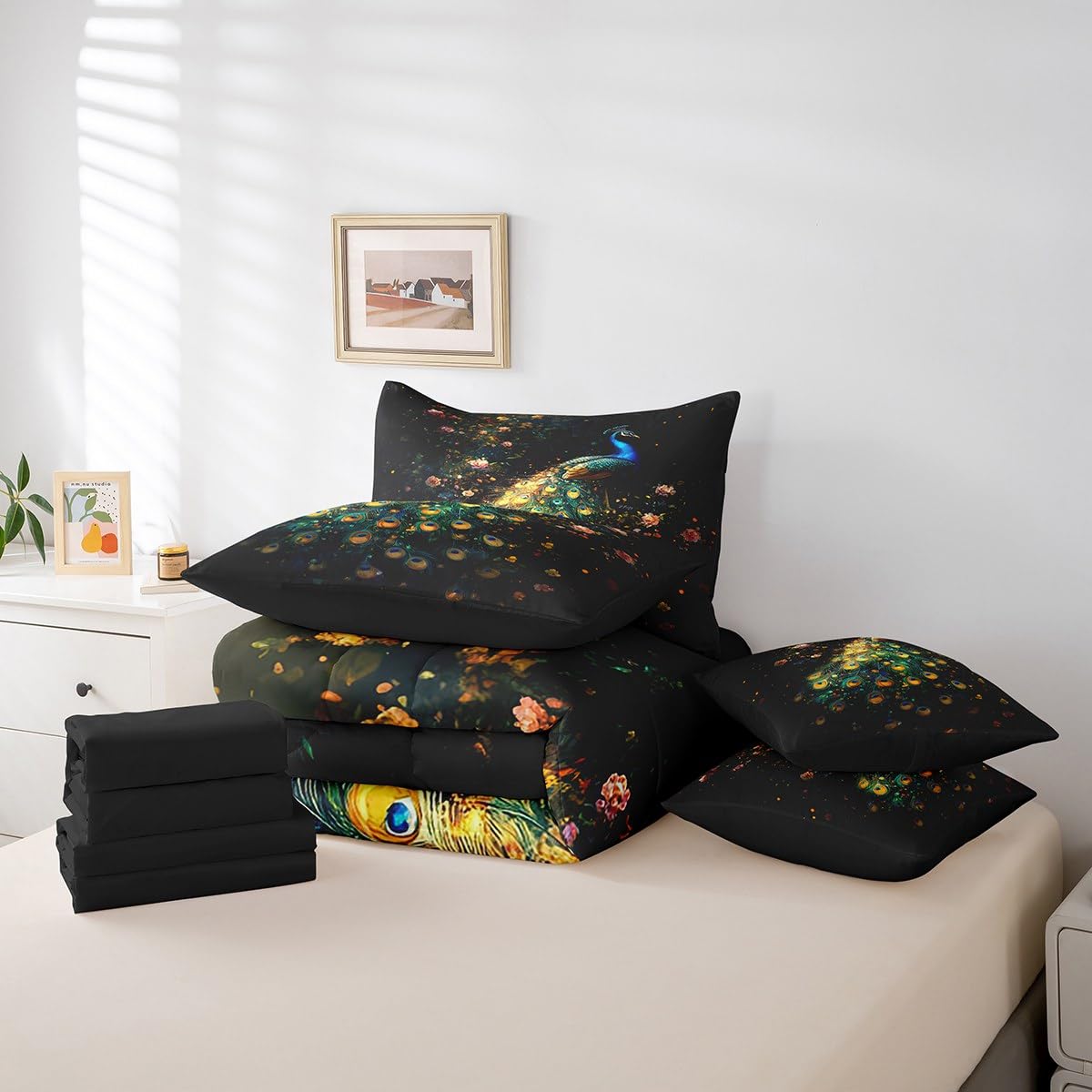 Erosebridal Peacock Comforter Set King Size,Oil Painting Peacock Bird Bedding Set for Kids Teens,Groovy Floral (Comforter+Fitted+Flat Sheet+2 Pillowcases+2 Throw Pillow Covers) 7 Pieces Bed Set