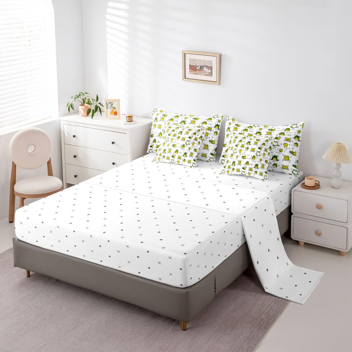 Erosebridal Green Frog Bed in a Bag Queen Comforter Set 7-Piece | Funny Frog Bedding Sets Cartoon Wild Animals Comforter and Sheet Set, Cute Reptile Lovely Wildlife Room Decor