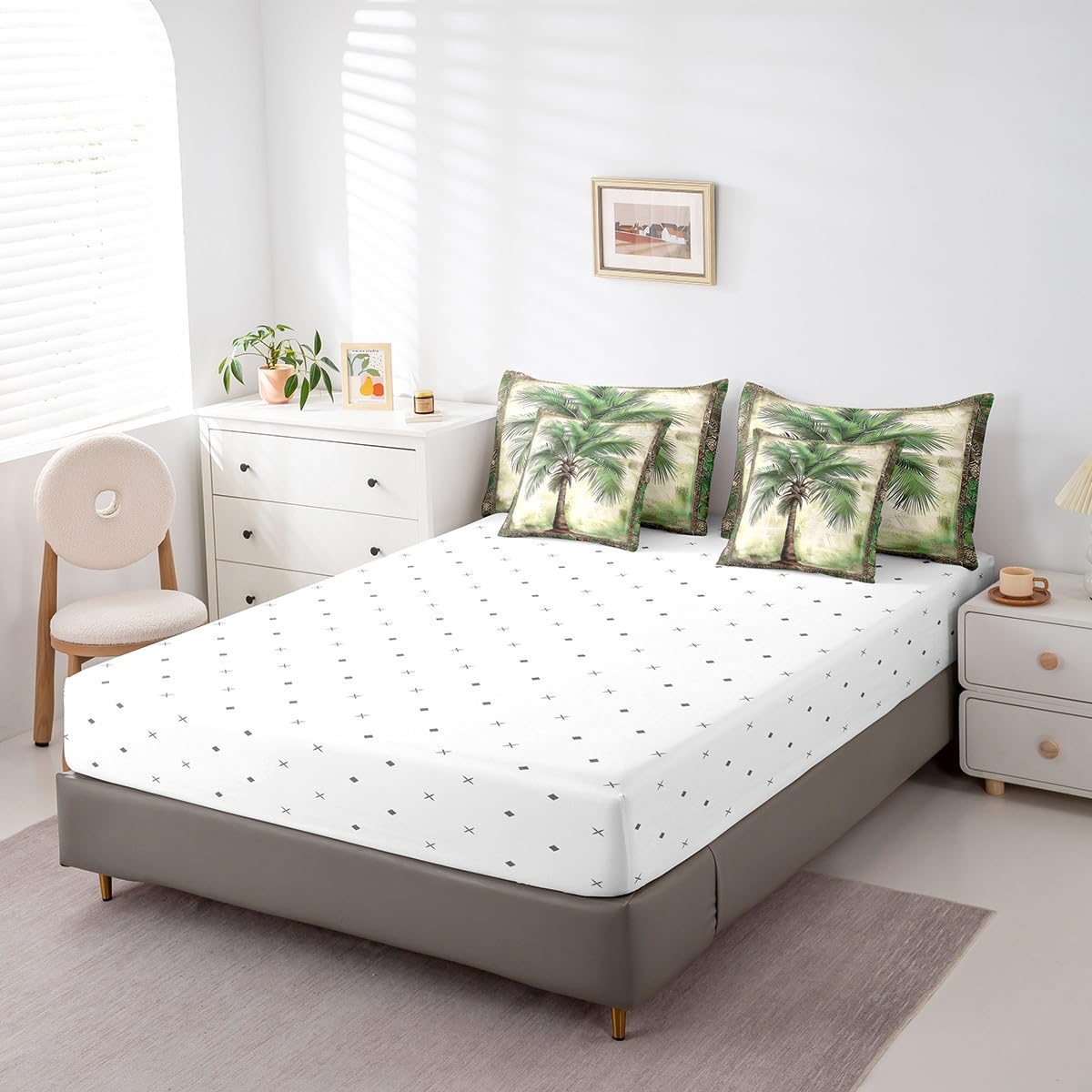Feelyou Green Palm Tree Print 7 Pieces Bedding Set Palm Leaf Twin Comforter Set with Sheets for Boys Girls Kids Room Decor Beach Theme Bed in a Bag Hawaiian Beach Bed Set Botanical Nature Theme