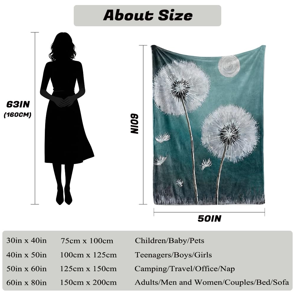 HUNXIAOJ Dandelion Throw Blanket Floral Print Blanket Dandelion Bedding Flower Throw Warm Soft Flannel for Girls Boys Woman Adults Bed Sofa Couch (60 in x 80 in)