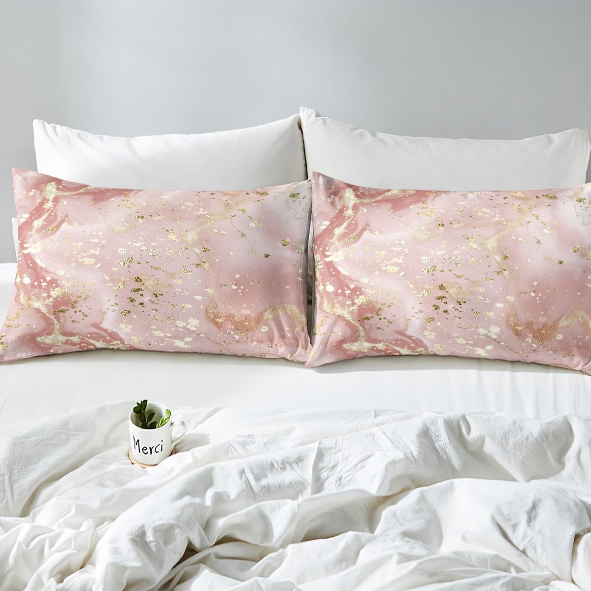 Manfei Marble Texture Fitted Sheet Pink Marble Pattern Golden Sequins Print Bedding 2pcs Microfiber Bed Sheet Set (1 Fitted Sheet + 1 Pillow Case) Twin Size