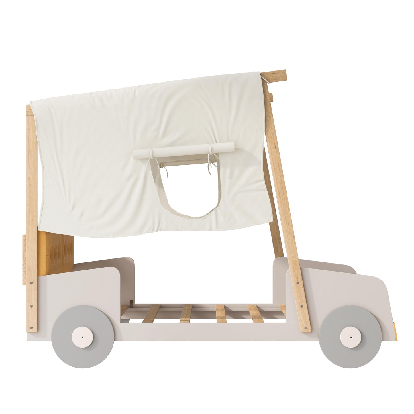 Harper & Bright Designs Twin Size Car Bed with Pillow, Ceiling Cloth, Twin Wooden Kids Playhouse Bed Frame, Wood Twin Platform Bed for Boys Girls Teens (Natural, Twin)