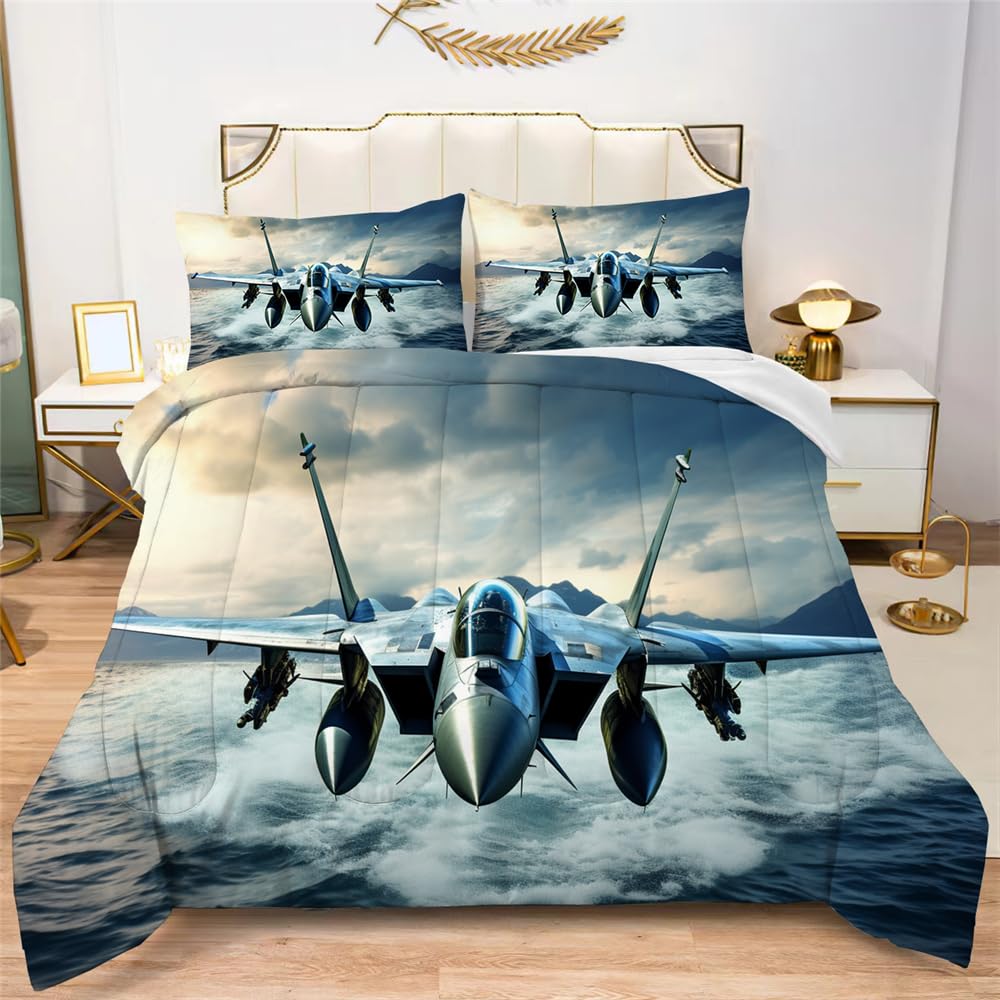 Albideyaa Fighter Comforter Twin Size Cool Blue Fighter Jet Over The Sea Surface Room Decorative Comforter Set War Themed Military Airplane Bedding Set for Boys Kids Teens, Twin