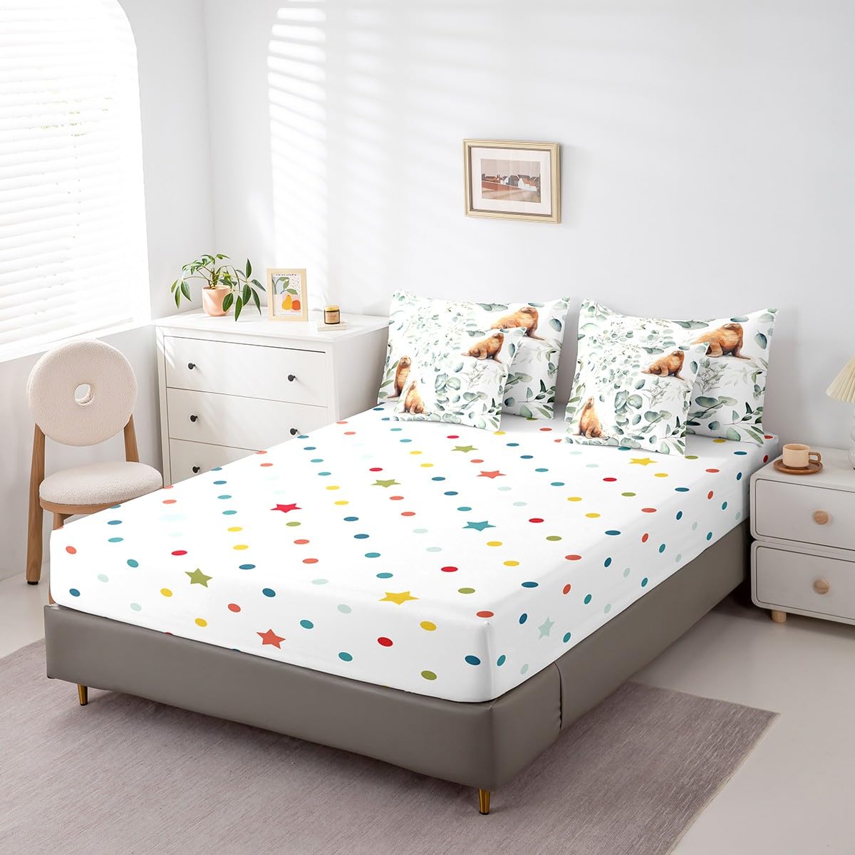 Erosebridal 7-Piece Cartoon Seal Bedding King Size Ocean Wildlife Comforter Set, Spring Plant Bedding Comforter Sets Eucalyptus Leaf Bed in a Bag, Sea Animal Theme Bedding Accessories Kids Room Decor