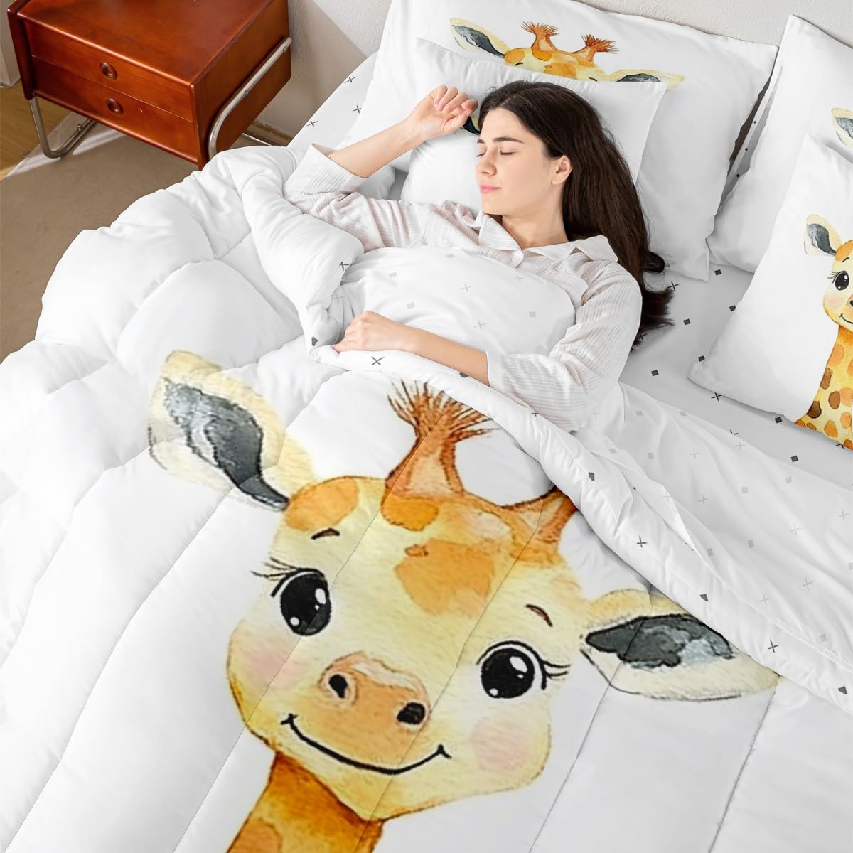 Erosebridal Kawaii Giraffe Twin Size Comforter Set with Sheets Kids | African Jungle Animal 7-Piece Bedding Set Tropical Forest Wildlife Pattern Bed in a Bag Cartoon Wild Safari Animal Bed Quilt Sets