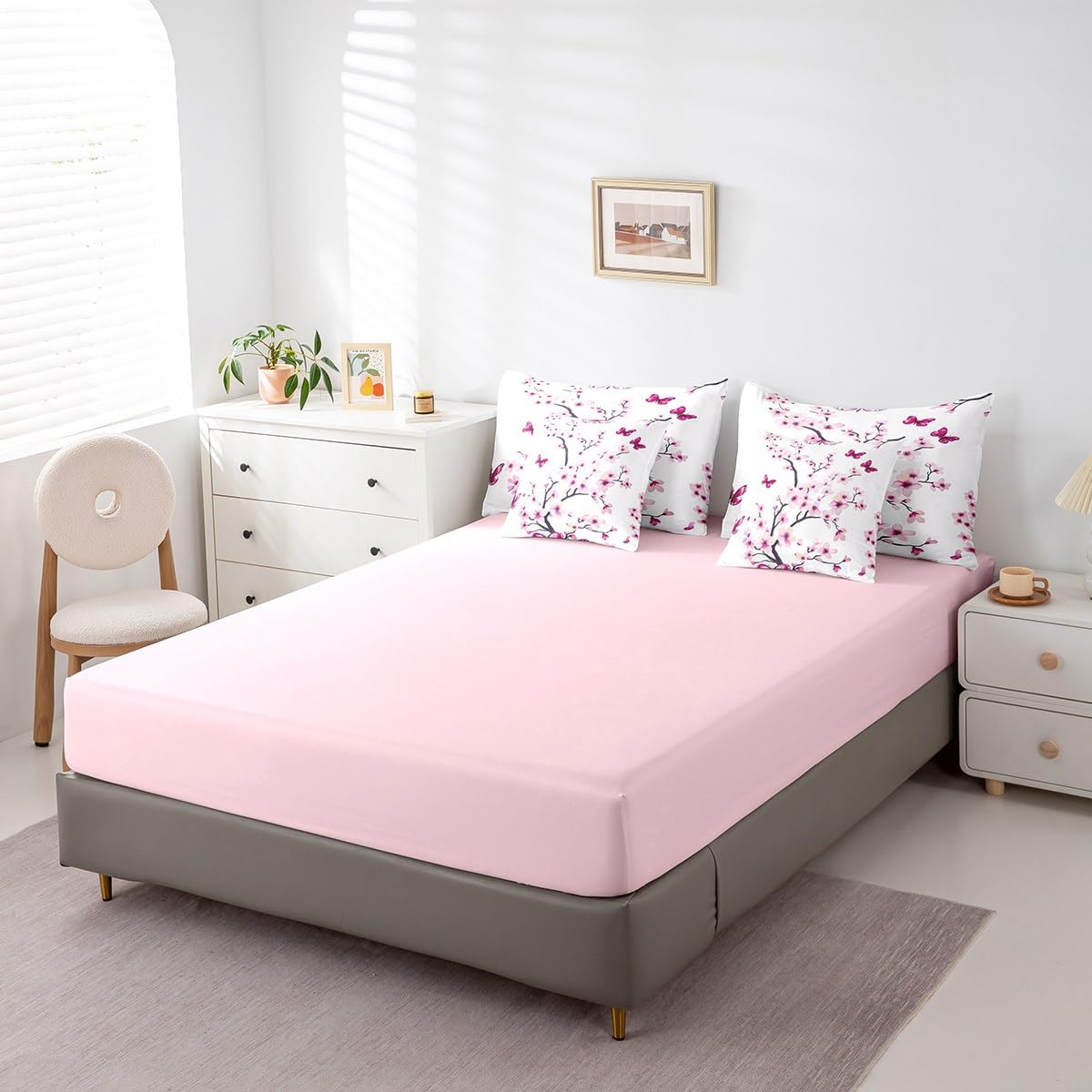 Erosebridal Cherry Blossom Bedding Set,Spring Elegant Flowers Butterfly 7 Piece Comforter Set Queen Bed in a Bag for Girls Women,Girly Japanese Style Quilt Duvet,Botanical Floral Bed Set,Pink Purple