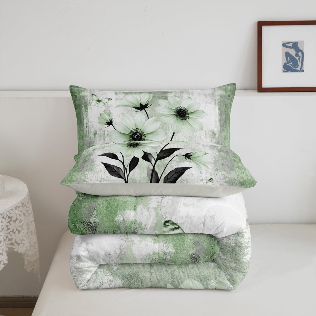 Erosebridal Watercolor Daisy Floral Queen Comforter Set Abstract Oil Painting Bedding Set Rustic Farmhouse Bed Set Green White Flowers Quilt Set