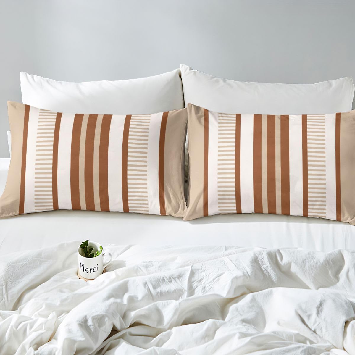 jejeloiu Modern Geometric Bed Sheets Sets Full Size Kids Boys Girls Striped Bedding Set Beige Brown Bed Sheet Set with 16-Inch Deep Pockets Checkered 4Pcs with 2 Pillow Cases