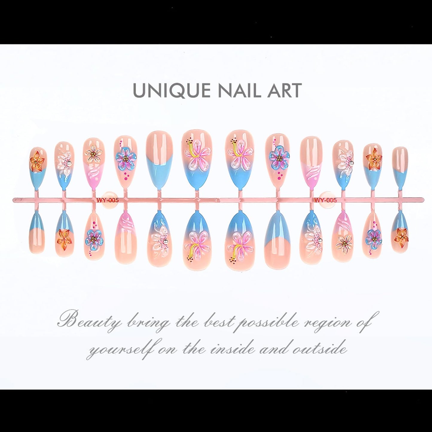 24Pcs Spring Flower Press on Nails Medium Blue French Tip Fake Nails with 3D Floral & Pearl Cute Flower Acrylic Nails Gradient French False Nail Almond-Shaped Full Cover Stick on Nails for Women