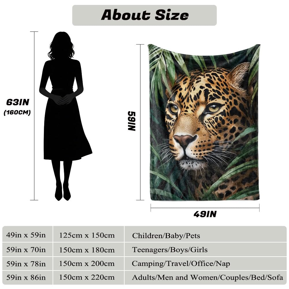 HUNXIAOJ Leopard Throw Blanket Animal Print Blanket Cheetah Gifts for Kids Warm Soft Flannel for Girls Boys Woman Teens Adults Bed Sofa Couch (49in x 59in)