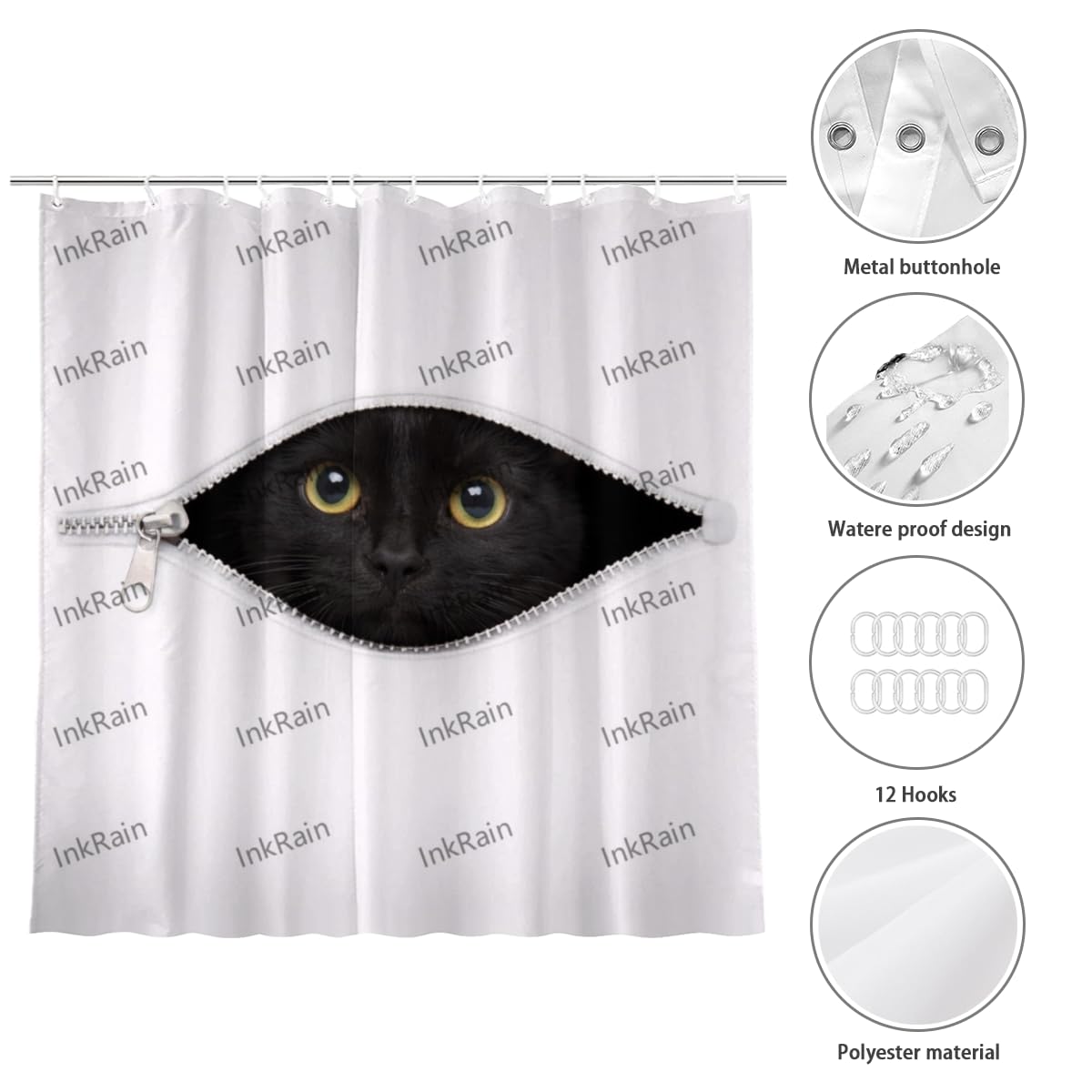 InkRain Black Cat Shower Curtain with 12 Hooks Cute Puppy Peek Design Bathroom Decor Waterproof Polyester Fabric Bath Curtain 72x80 Inch