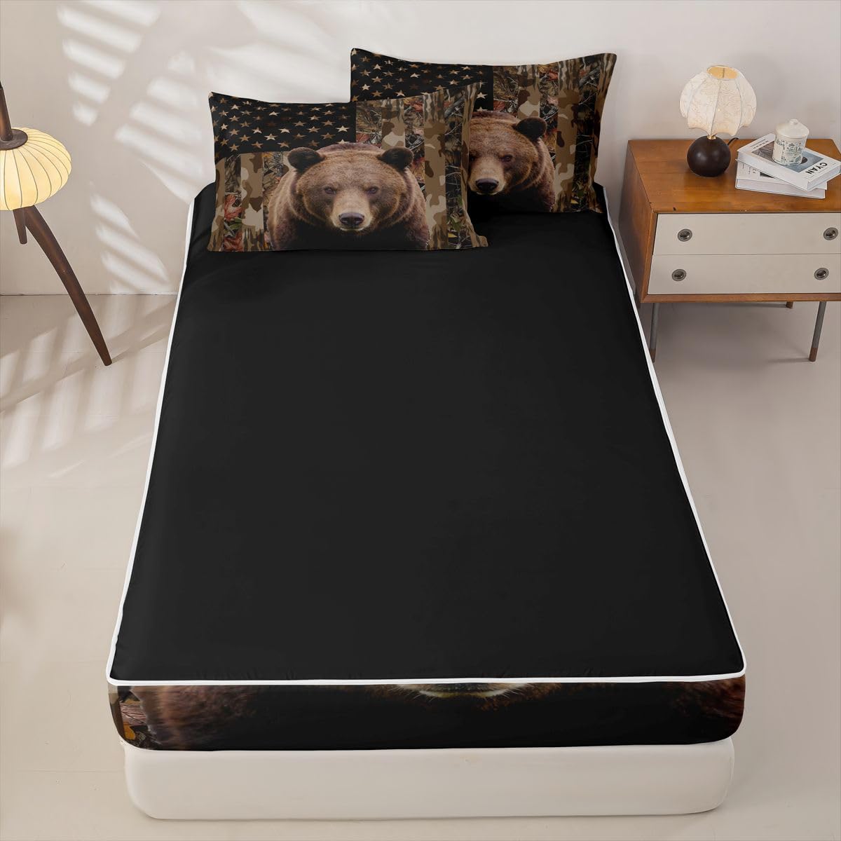 jejeloiu Bear Hunting Camo Zipper Bedding Rustic Western Bear Comforter Set for Kids Boys Girls Twin Size Brown Camouflage Zippered Kids Bedding Set Ultra Soft American Flag Bed in a Bag