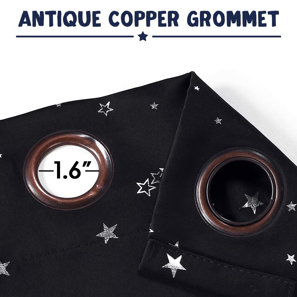 PrinceDeco Blackout Kids Curtains for Bedroom Thermal Insulated Silver Twinkle Star Curtains for Boys Antique Grommet Top Window Treatment 2 Panels Drape for Nursery (52" W x 84" L, Black/Silver)