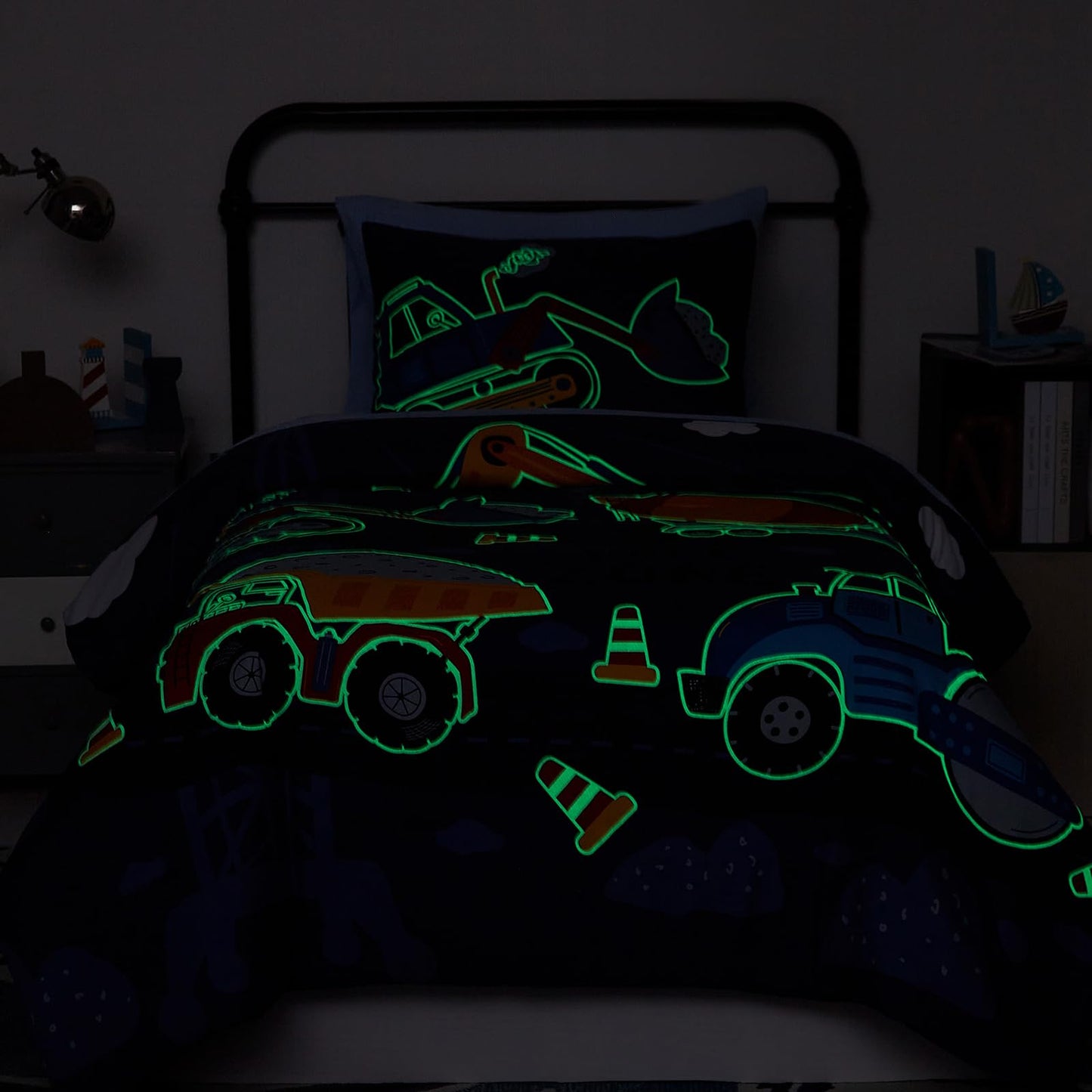 Wink Deer Full Size Comforter Set for Boys-7 Pieces Truck Tractor Excavator Glow in the Dark Full Bedding Sets for Kids, Ultra Soft Bed in A Bag with Sheets