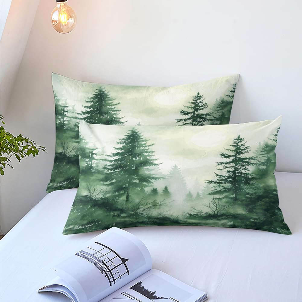 CCoutueChen Olive Green Botanical Comforter Set King Size Green Woodland Forest Tree Comforters Ombre Nature Landscape Bedding Set Army Green Pine Trees Bedding Ultra Soft Microfiber