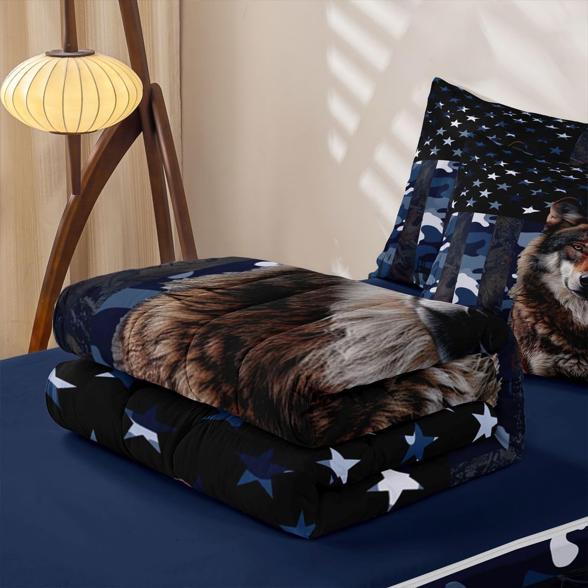 jejeloiu Wolf Hunting Camo Twin Zipper Bedding Set Rustic Western Wolf Kids Comforter Set with Fitted Sheet and 2 Pillowcases American Flag Bed in a Bag Zip Up Bedding Soft Microfiber
