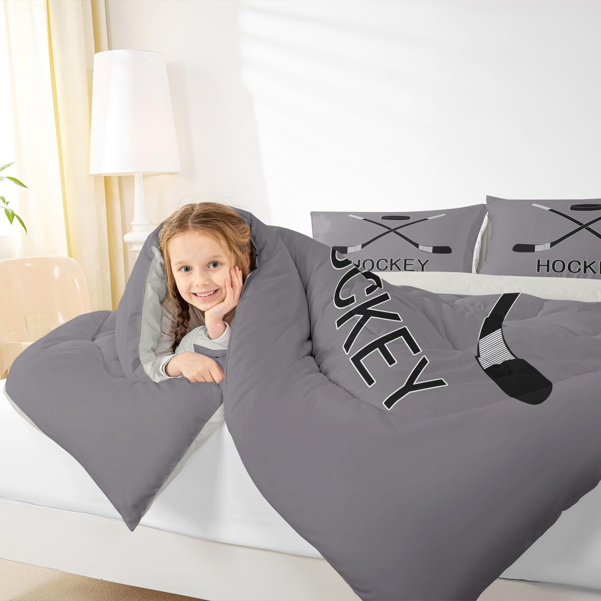 Teens Ice Hockey Comforter Set, Winter Sports Games Down Comforter For Kids Boys Adult Young Men, Equipments Stick And Puck Duvet Sets Hockey Bedding Set With 2 Pillow Cases, Grey Black(Full Size)