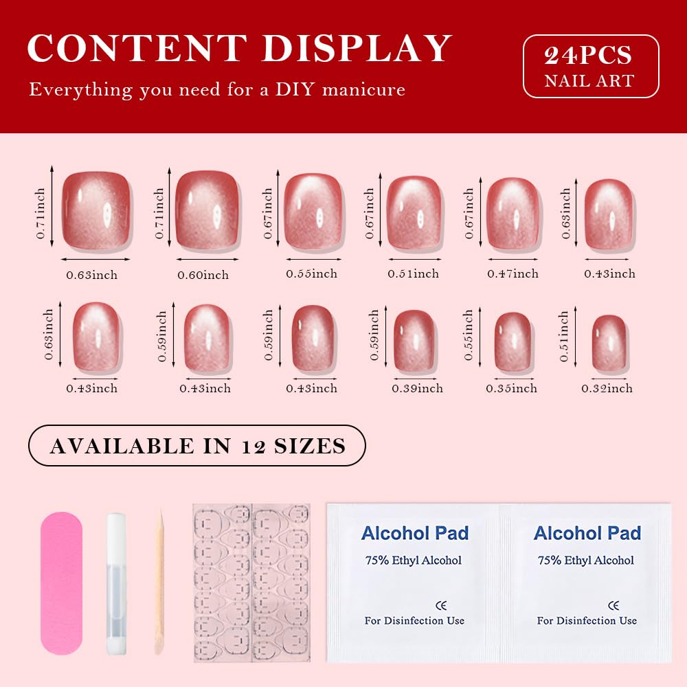 evpct Pink Cat Eye Extra Short Press on Nails Square, Petite Short Square Stick on Nails for Women Gift, Red Nude Pink Metallic Glitter Glossy Reusable Soft Gel Press on Acrylic Fake Nail with Design