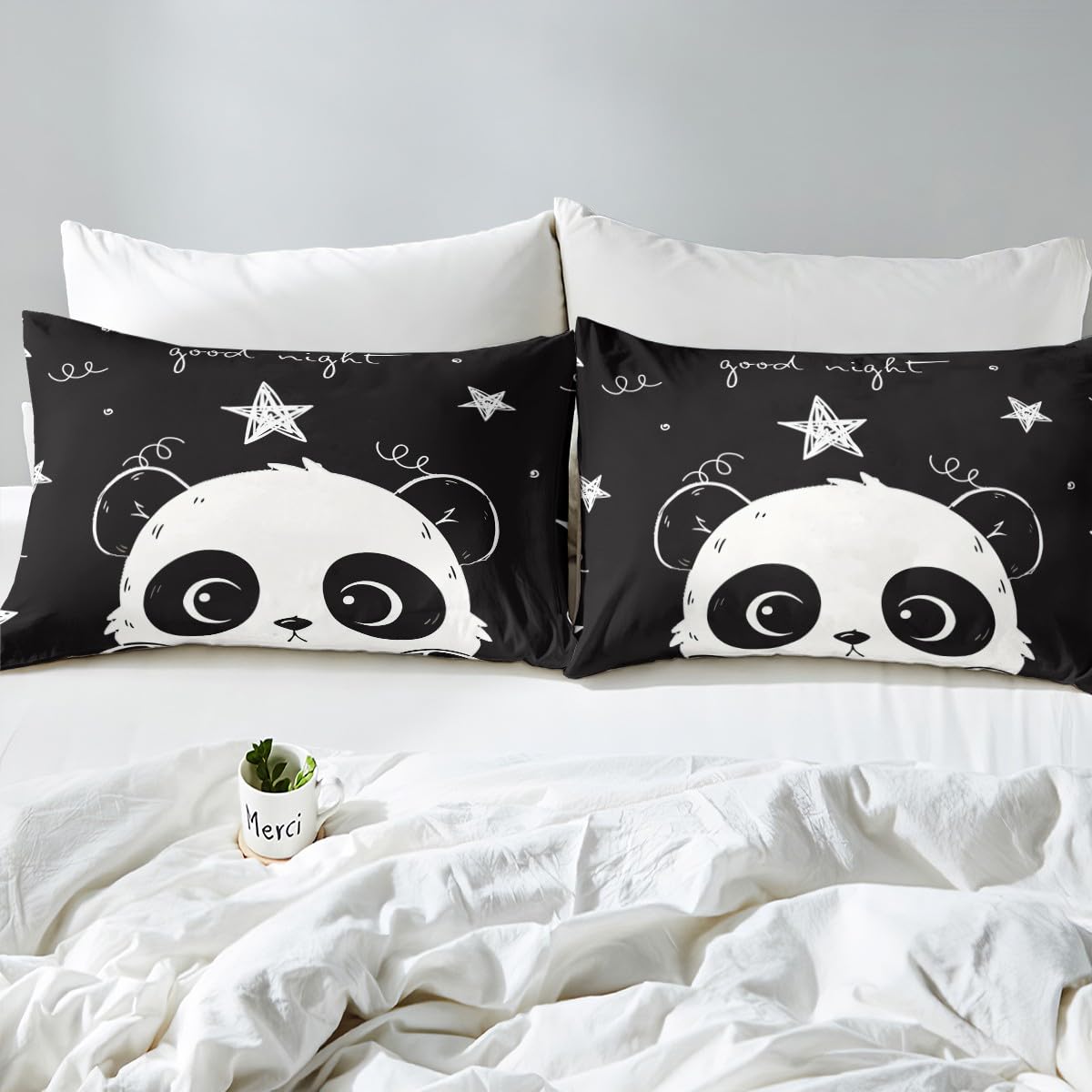 Homewish Panda Bedding Set 3pcs for Kids Boys Girls White Black Comforter Cover Cute Cartoon Pandas Stars Printed Duvet Cover Set Animal Bedspread Cover with 2 Pillow Cases(No Comforter) Queen Size