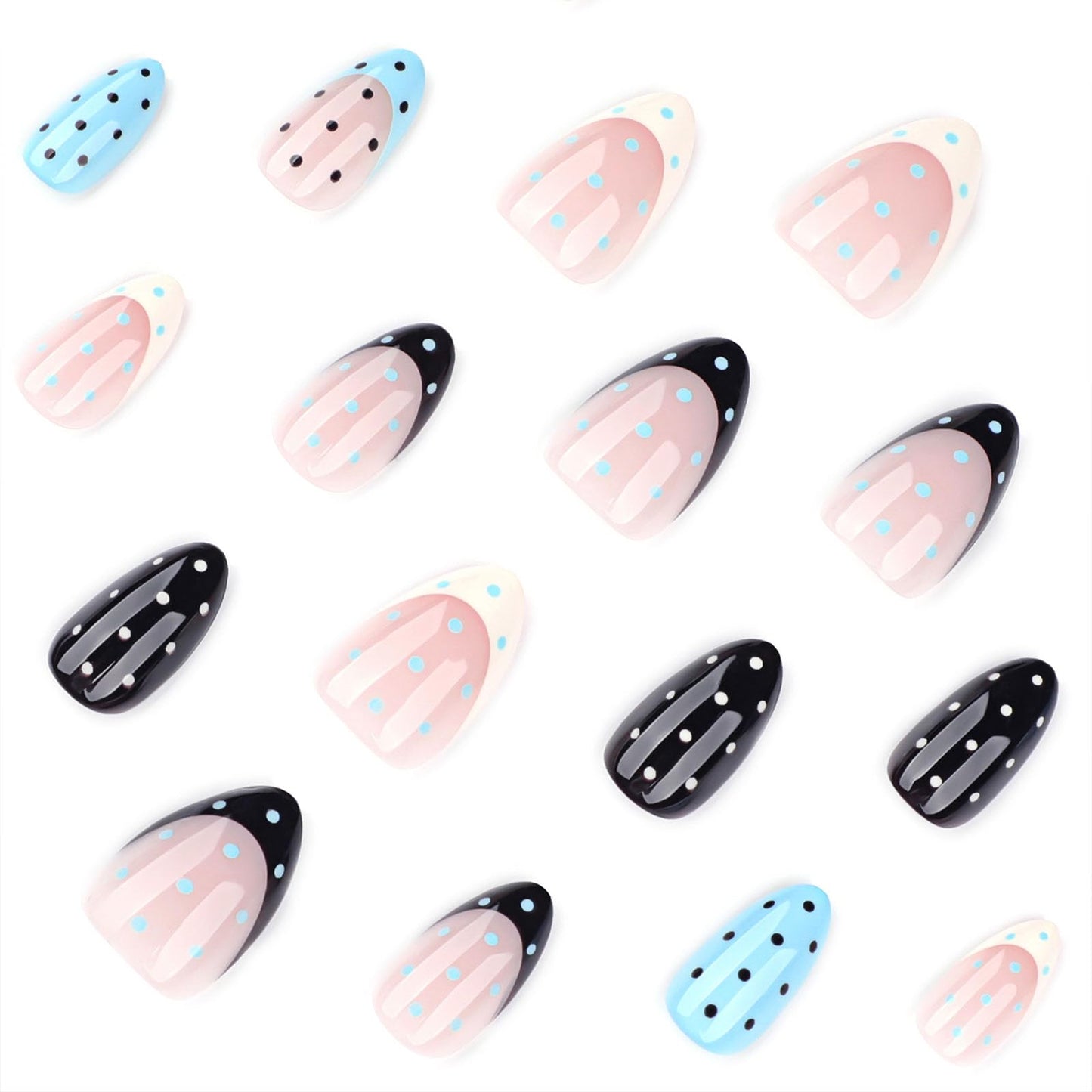 Polka Dot French Tip Press on Nails Short Almond Fake Nails Black White Blue Stick on Nail Full Cover Reusable False Nail for Women 24Pcs