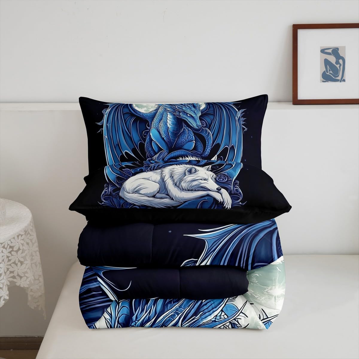 Erosebridal Dragon Comforter Set Full Size for Boys, Wolf Animals Bedding Set, Tribal Exotic Wildlife Down Comforter for Boys Adult Men Room, Moon Starry Sky Quilt, Black Blue