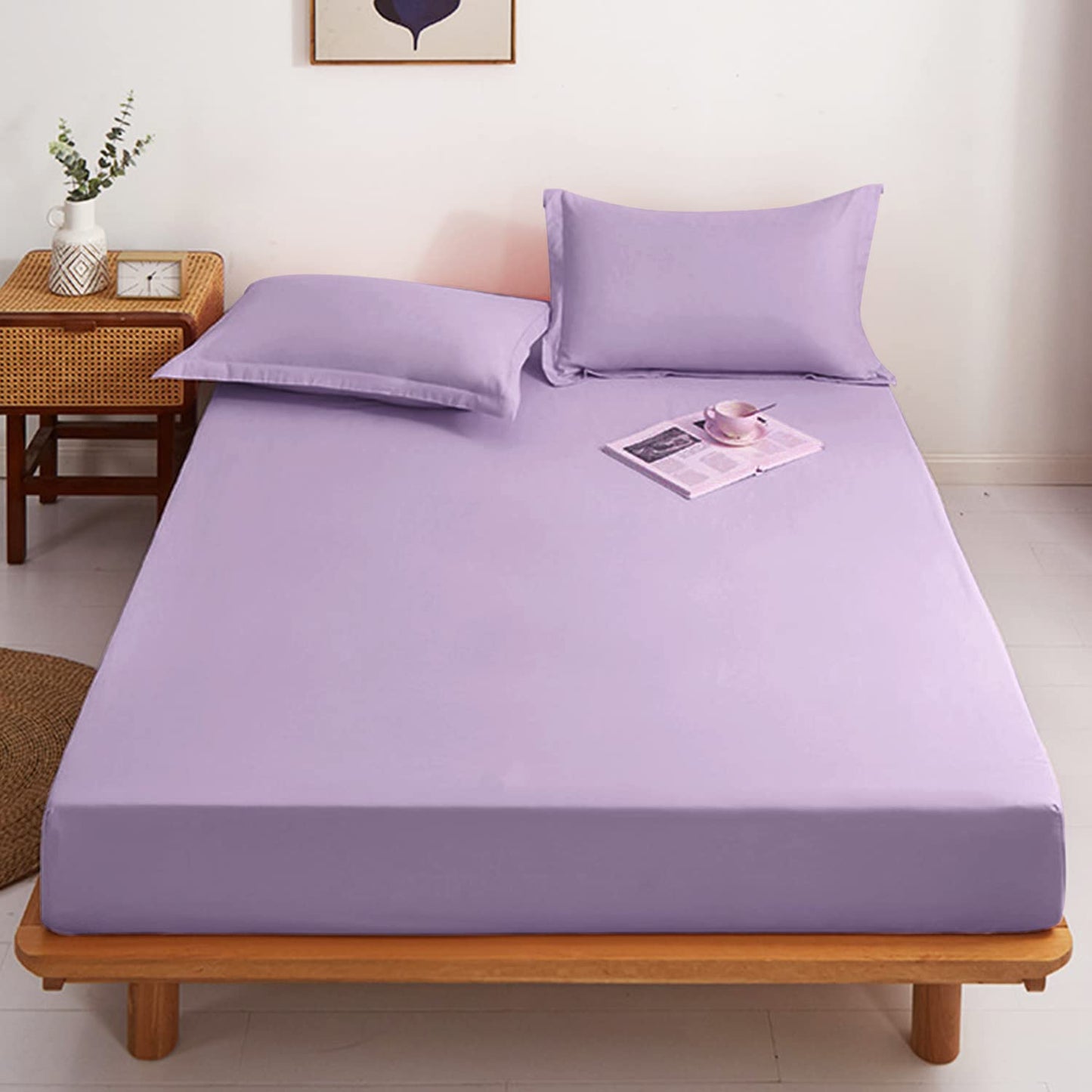 Lirex Cotton Queen Fitted Sheet Only, 300 Thread Count Soft Breathable, 8-10" Deep Pocket Sheet for Hotel Home, Light Purple
