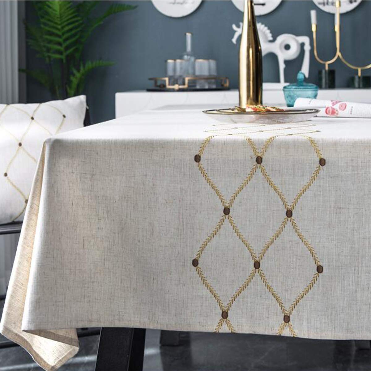Bringsine Embroidery Geometric Tablecloth Heavy Weight Cotton Linen Fabric Water-Proof Table Cover for Kitchen Dinning Tabletop Decoration (Rectangle, 53 x 102 Inch)