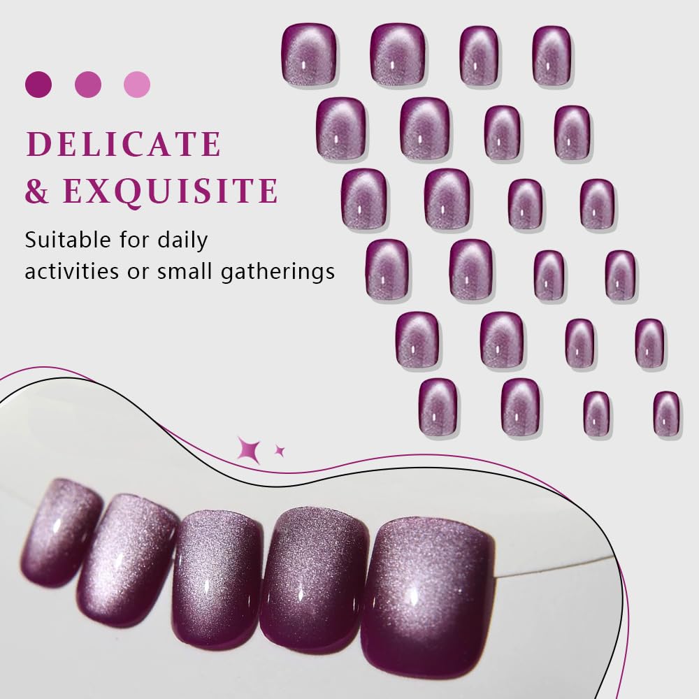 evpct Purple Cat Eye Short Press on Nails Square, Petite Short Square Glossy Nails with Designs for Women, Light Lavender Purple Stick on Glitter Reusable Gel Press on Acrylic Fake Nail Holographic