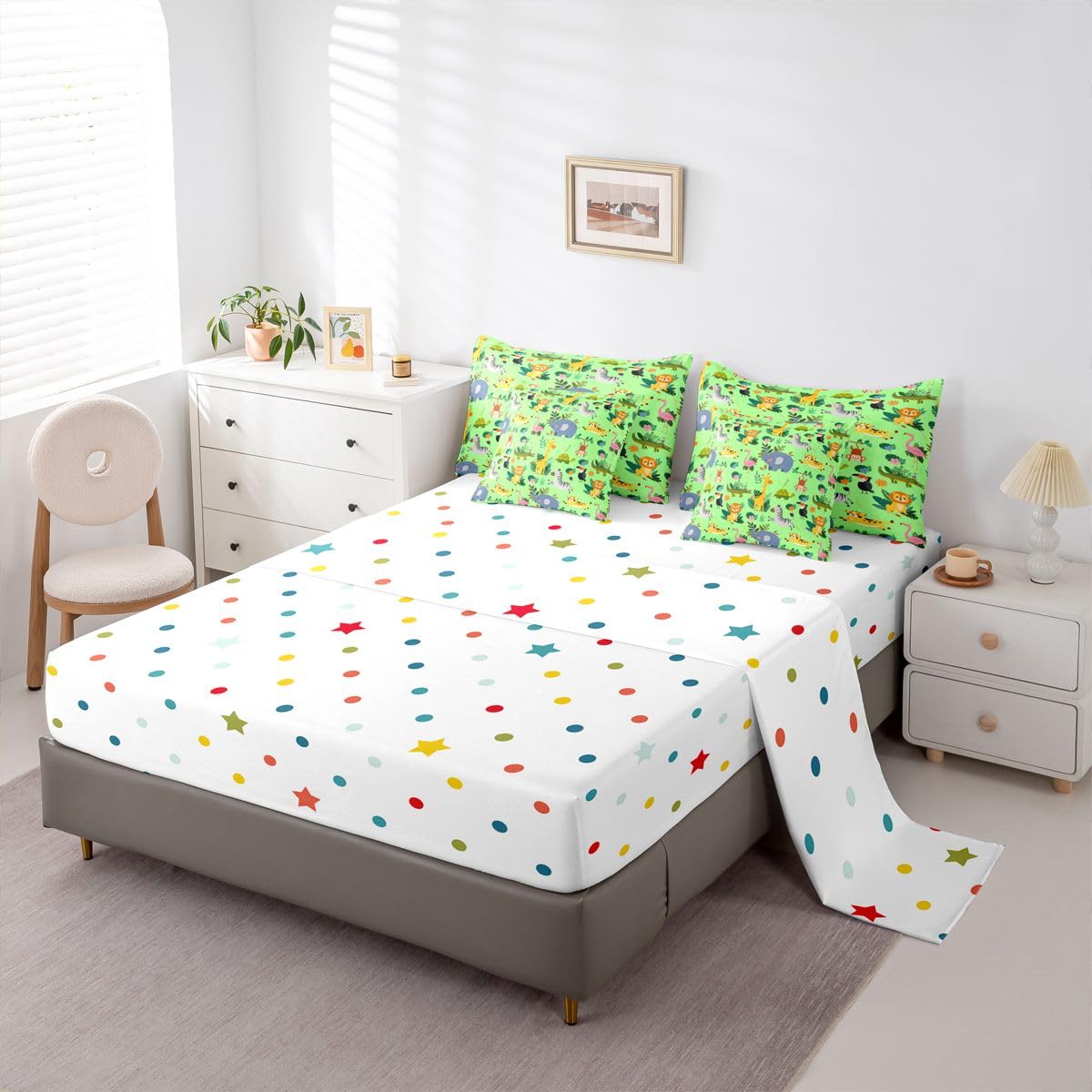 Cartoon Animal Bed in a Bag Queen Comforter Set 7 Piece | Giraffe Tiger Lion Bedding Sets Flamingo Zebra Crocodile Turtle Elephant Comforter and Sheet Set,Jungle Woodland Green Palm Leaves Bed Sets