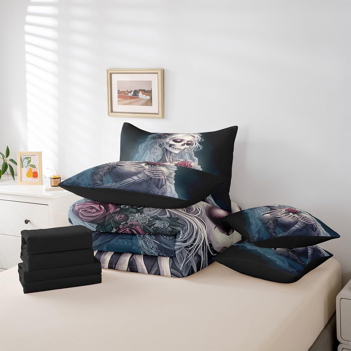 Erosebridal Roses Skull 7 Piece Bedding Set Skeleton Bride Bed in A Bag Wedding Anniversary Valentines Day Comforter Set Full Size for Adults Men Women,Romantic Flowers Skull Bed Set